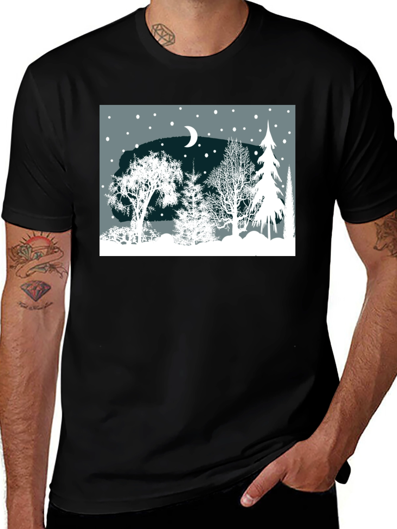 Winter Scene Graphic Tee - Black Cotton Blend