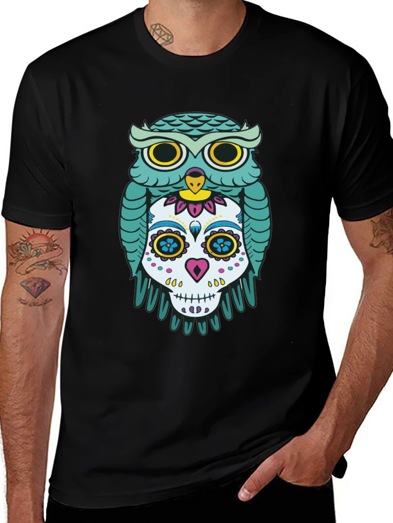 Variant 8 of Owl and Skull Graphic Print Black T-Shirt