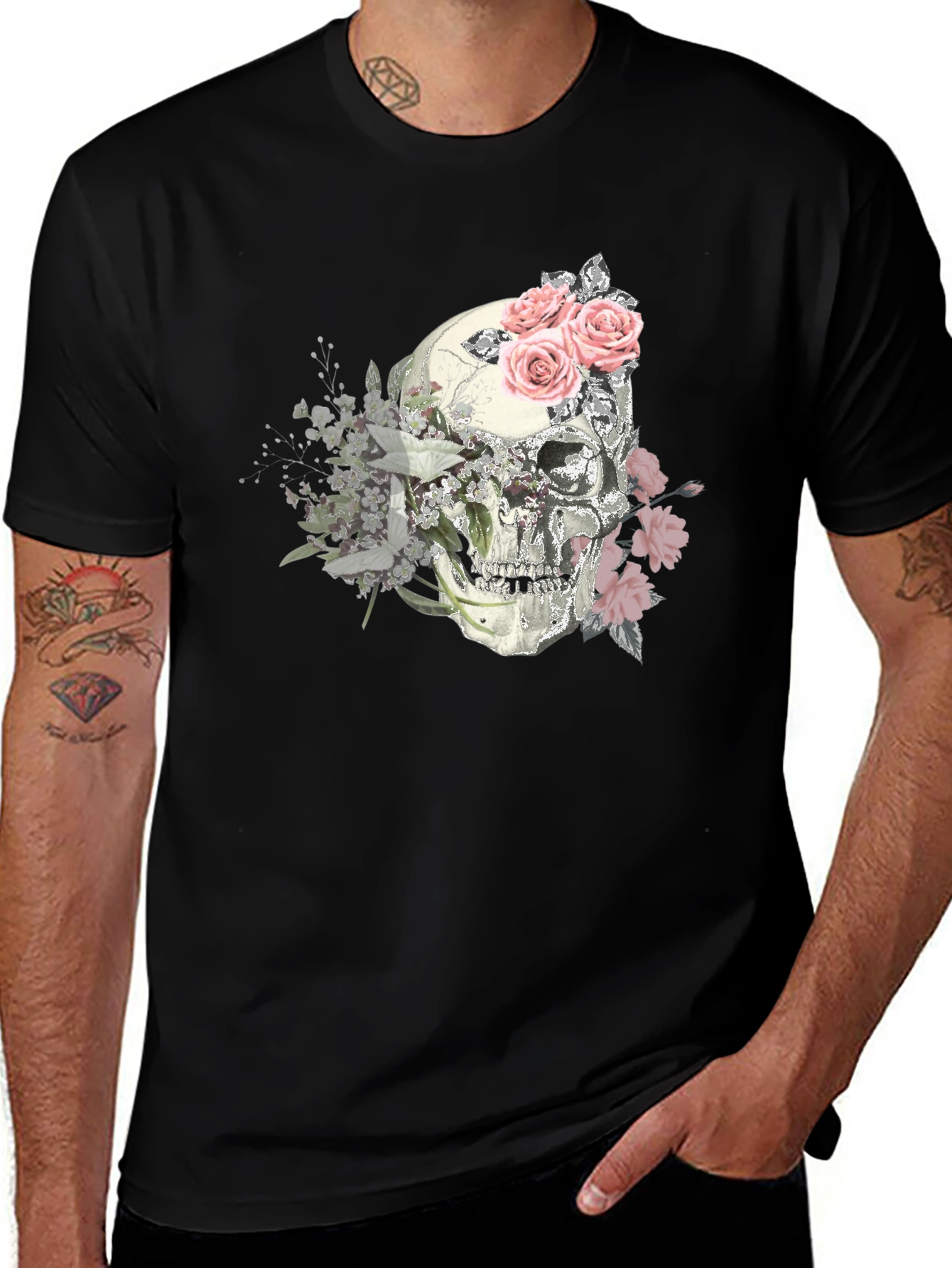 Variant 25 of Floral Skull Graphic Tee - Stylish Men's T-Shirt