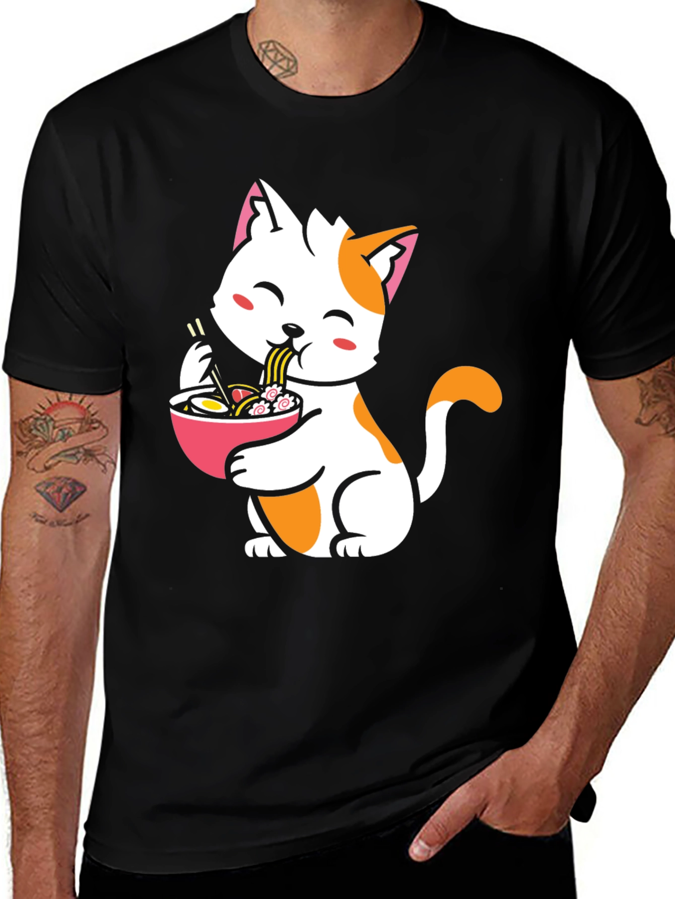 Variant 8 of Cute Cat Eating Ramen Graphic Tee - Black