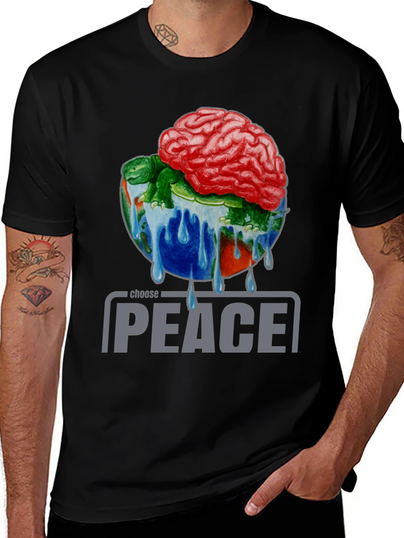 Variant 12 of Choose Peace Graphic T-Shirt - Brain & Globe Design