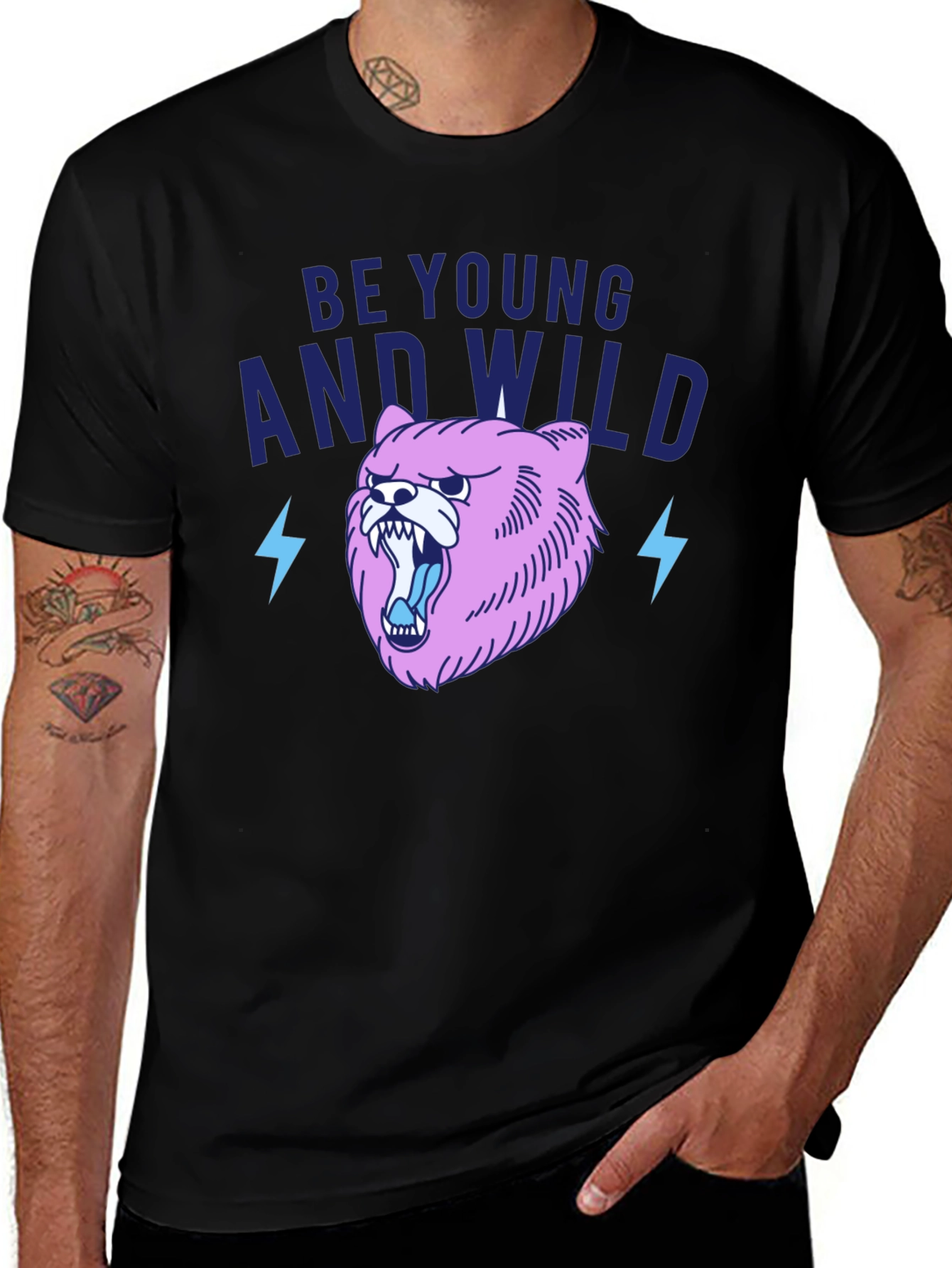 Be Young And Wild Black T-Shirt with Bear Graphic