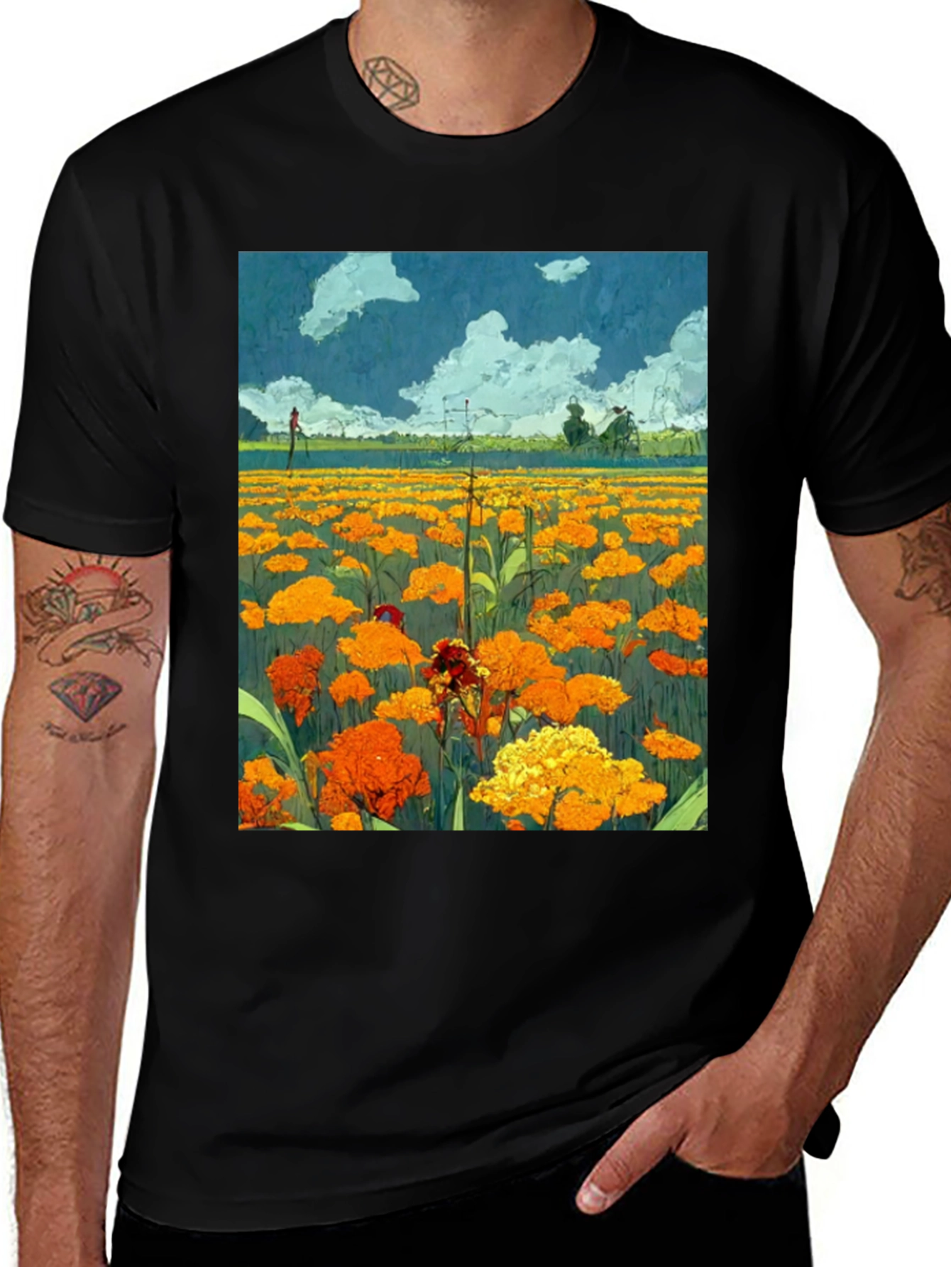 Variant 28 of Floral Field Print Black T-Shirt