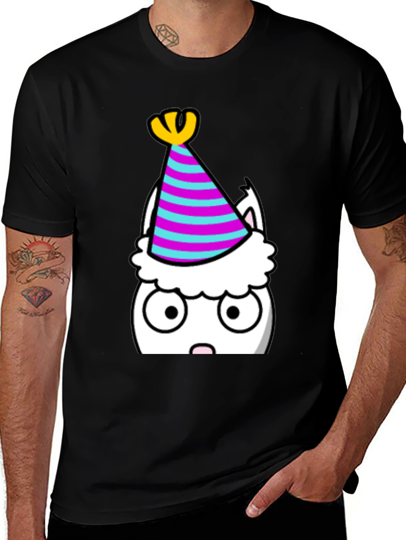 Variant 27 of Party Cat T-Shirt - Black Cotton Graphic Tee