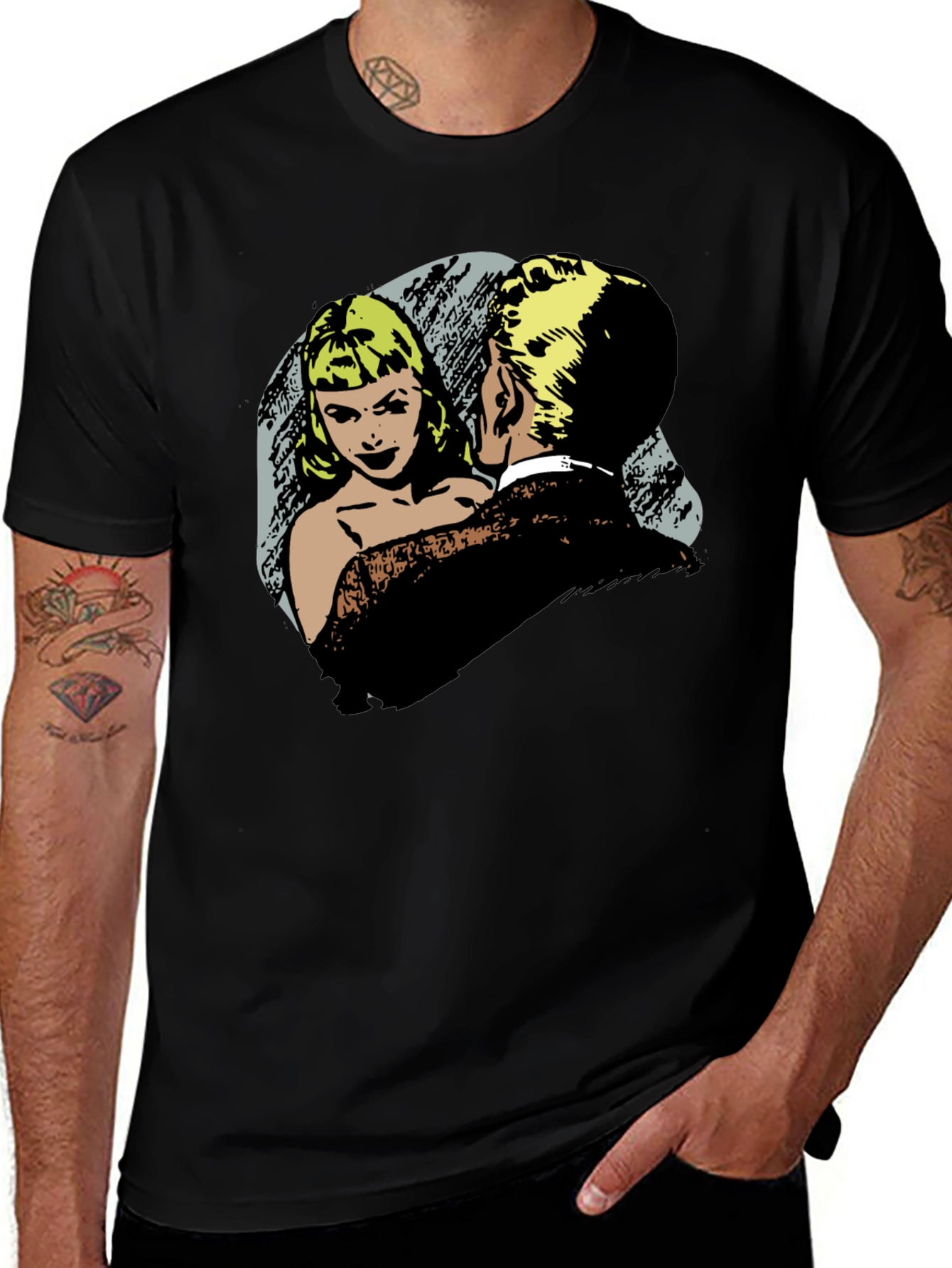 Retro Comic Couple Graphic T-Shirt - Black