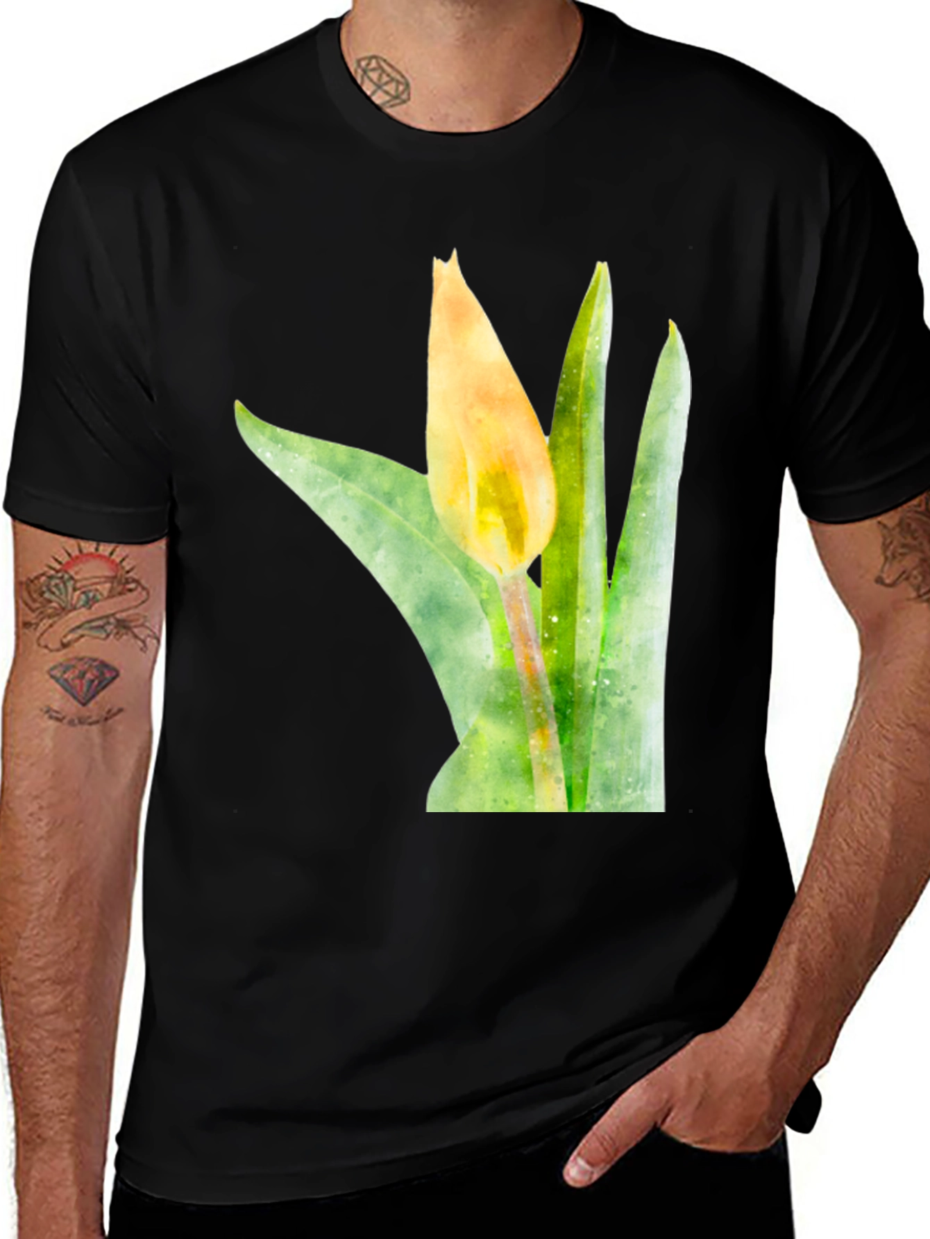 Variant 28 of Watercolor Tulip Graphic Tee - Black