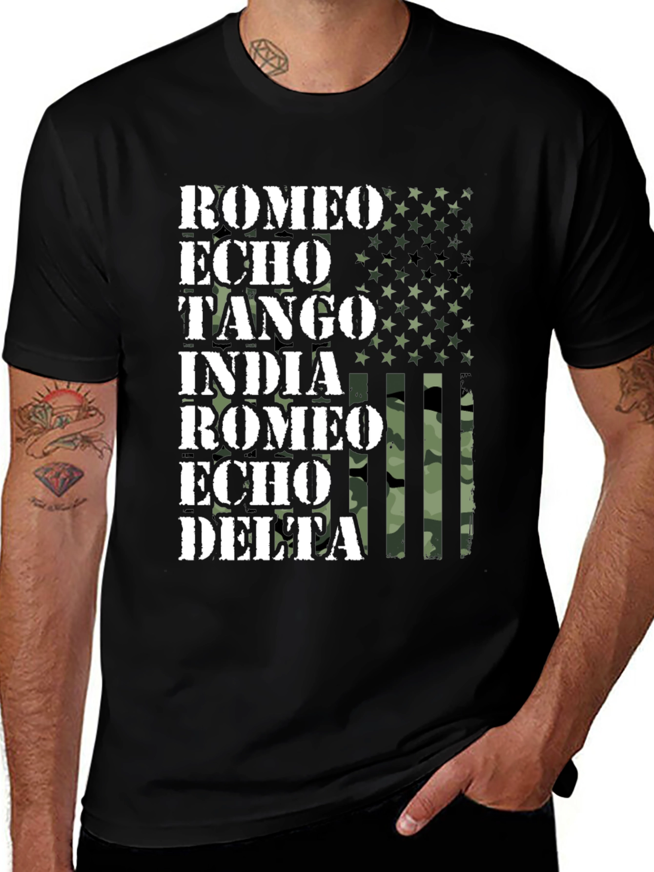 Variant 14 of US Flag Military Alphabet T-Shirt - Romeo Echo Tango