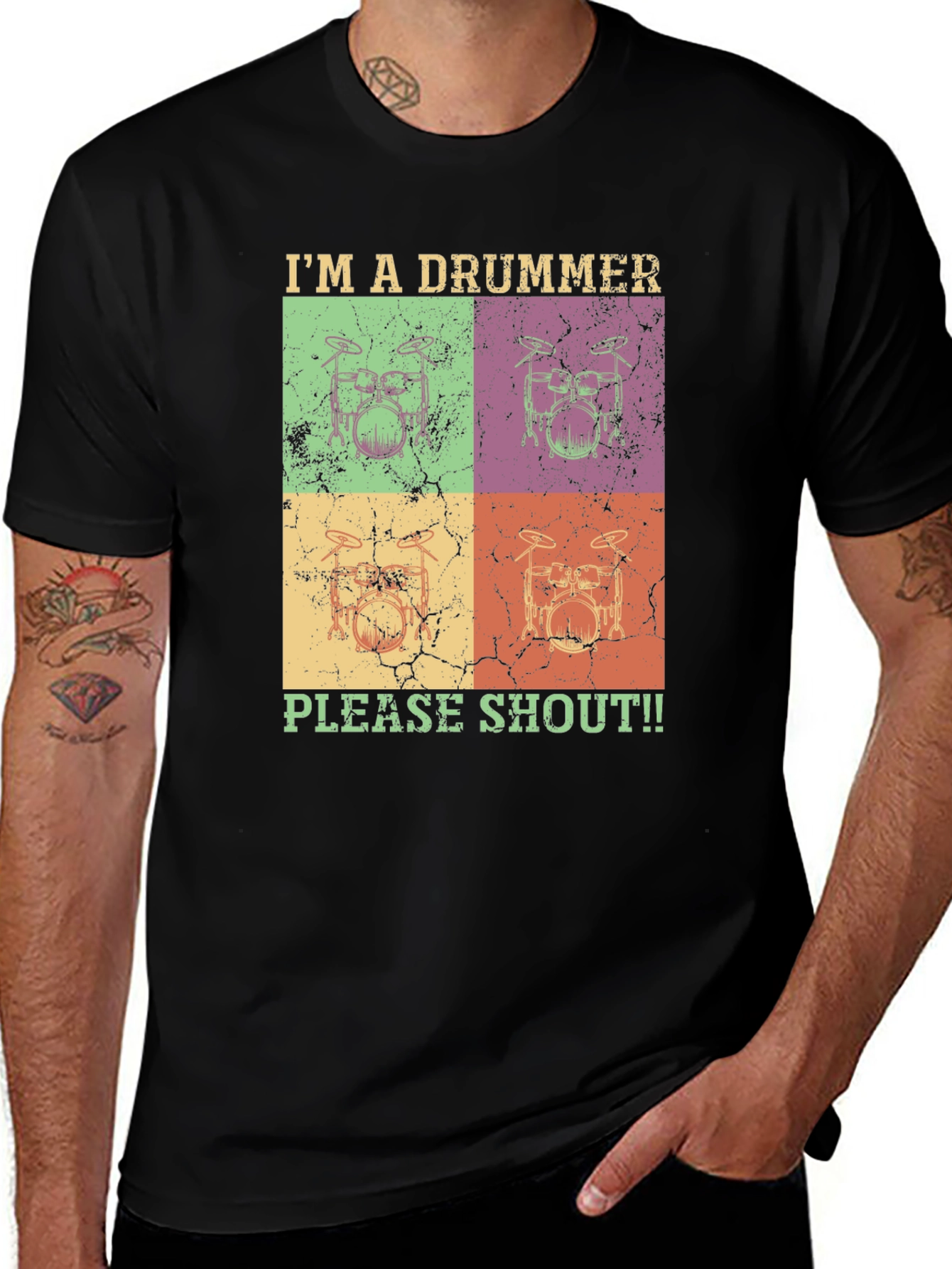 Variant 8 of I'm a Drummer Please Shout Black T-Shirt