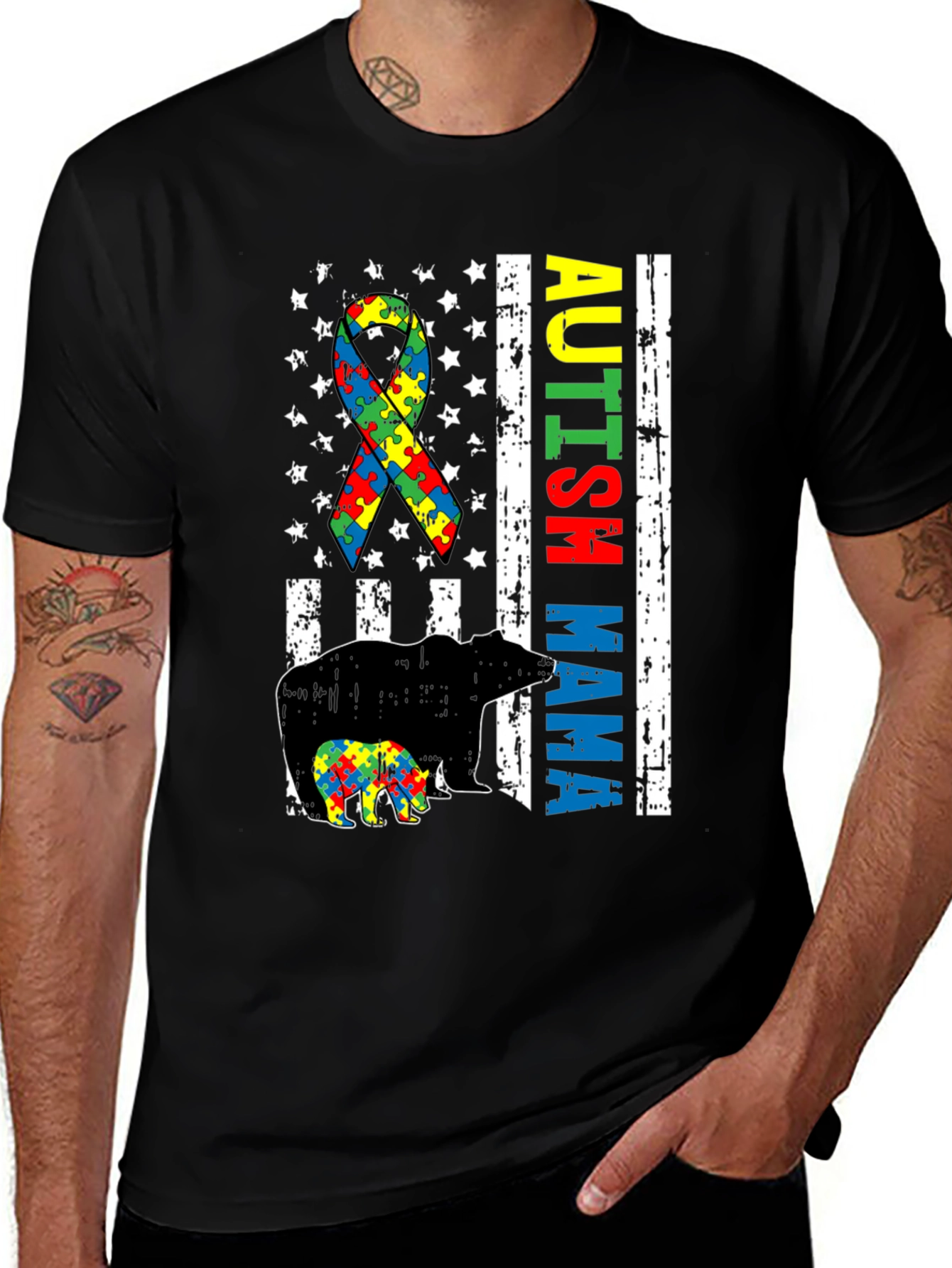 Autism Mama Bear T-Shirt, Puzzle Ribbon Tee