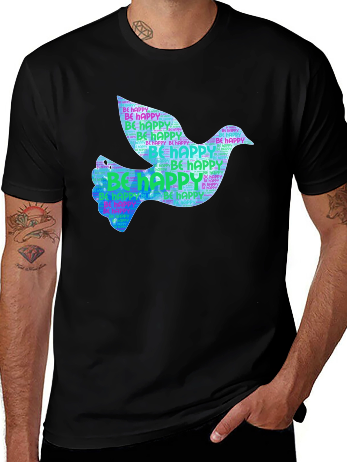 Variant 4 of Peace Dove "Be Happy" Graphic Black T-Shirt
