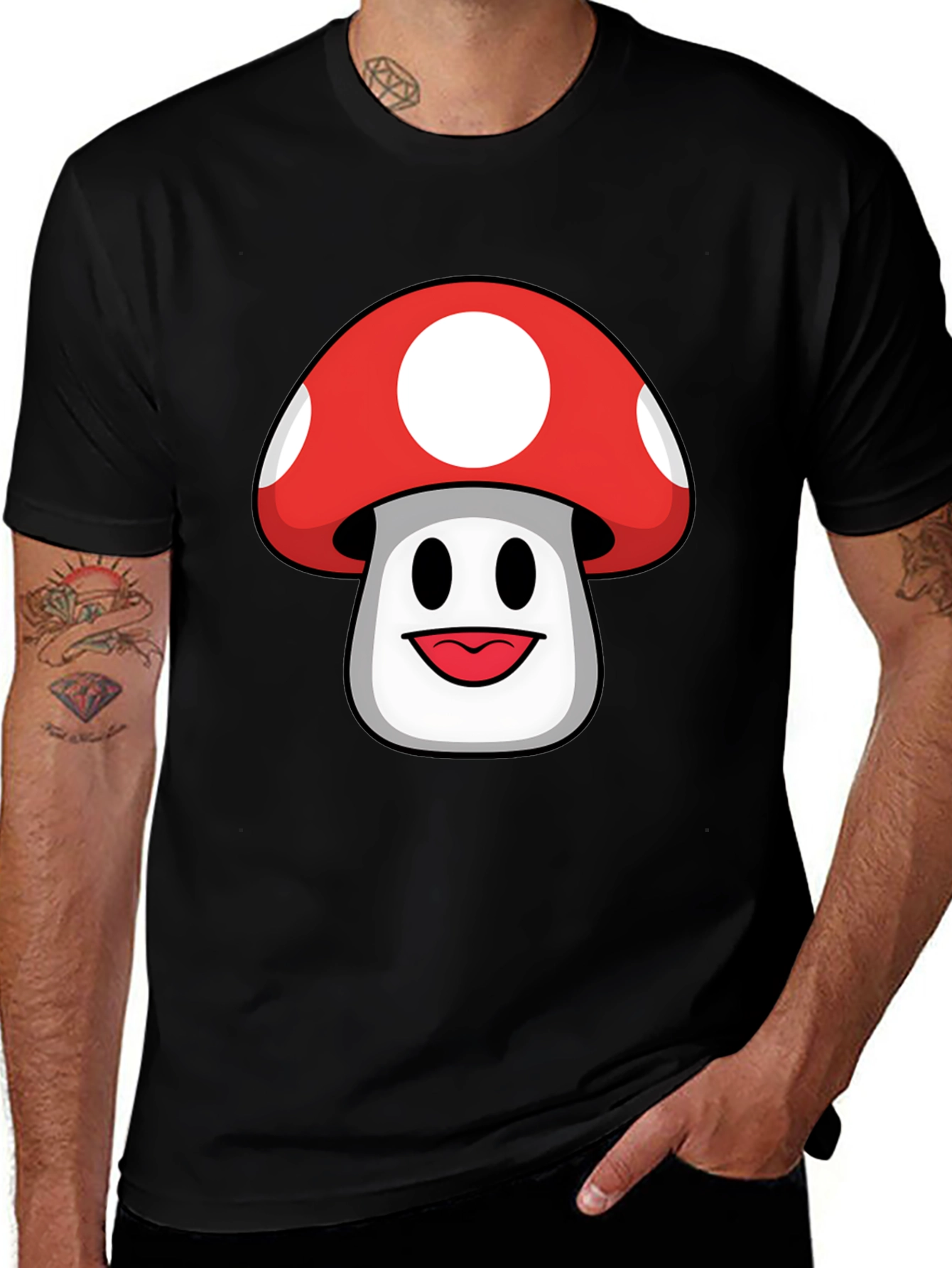 Variant 20 of Funky Mushroom Graphic Tee - Black Cotton Shirt