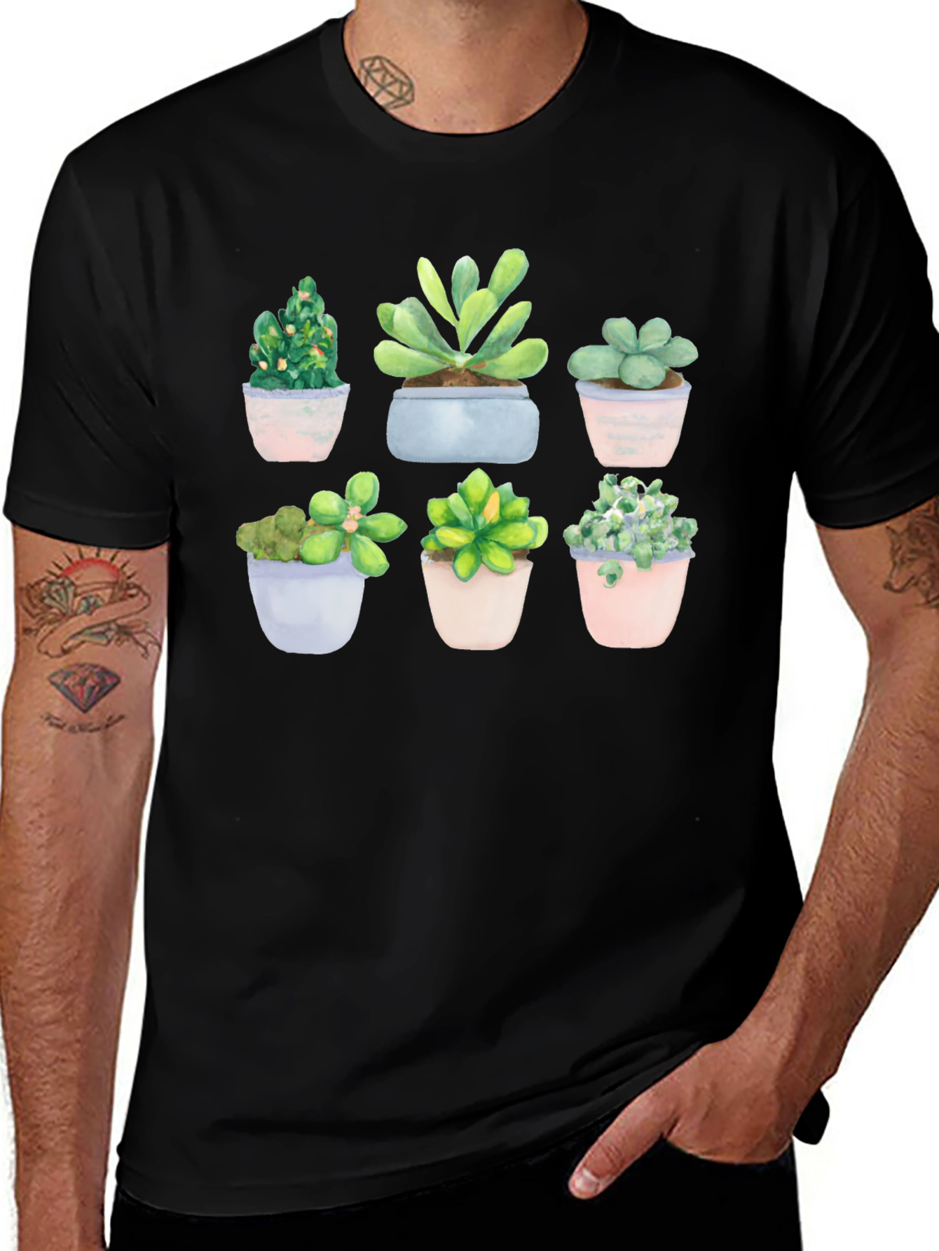 Variant 7 of Stylish Succulent Print Black T-Shirt
