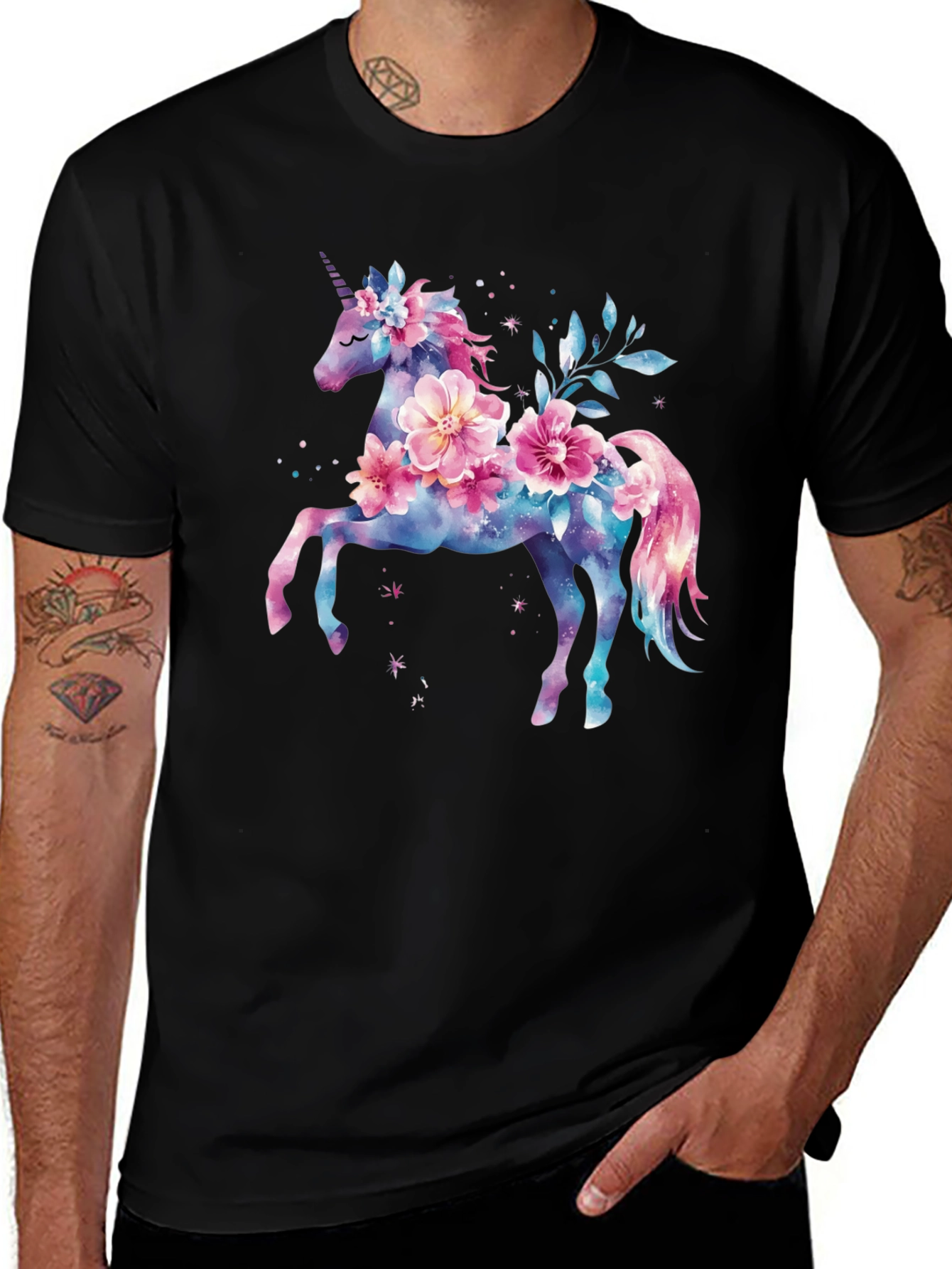Floral Unicorn Graphic Tee - Black Cotton Blend Shirt