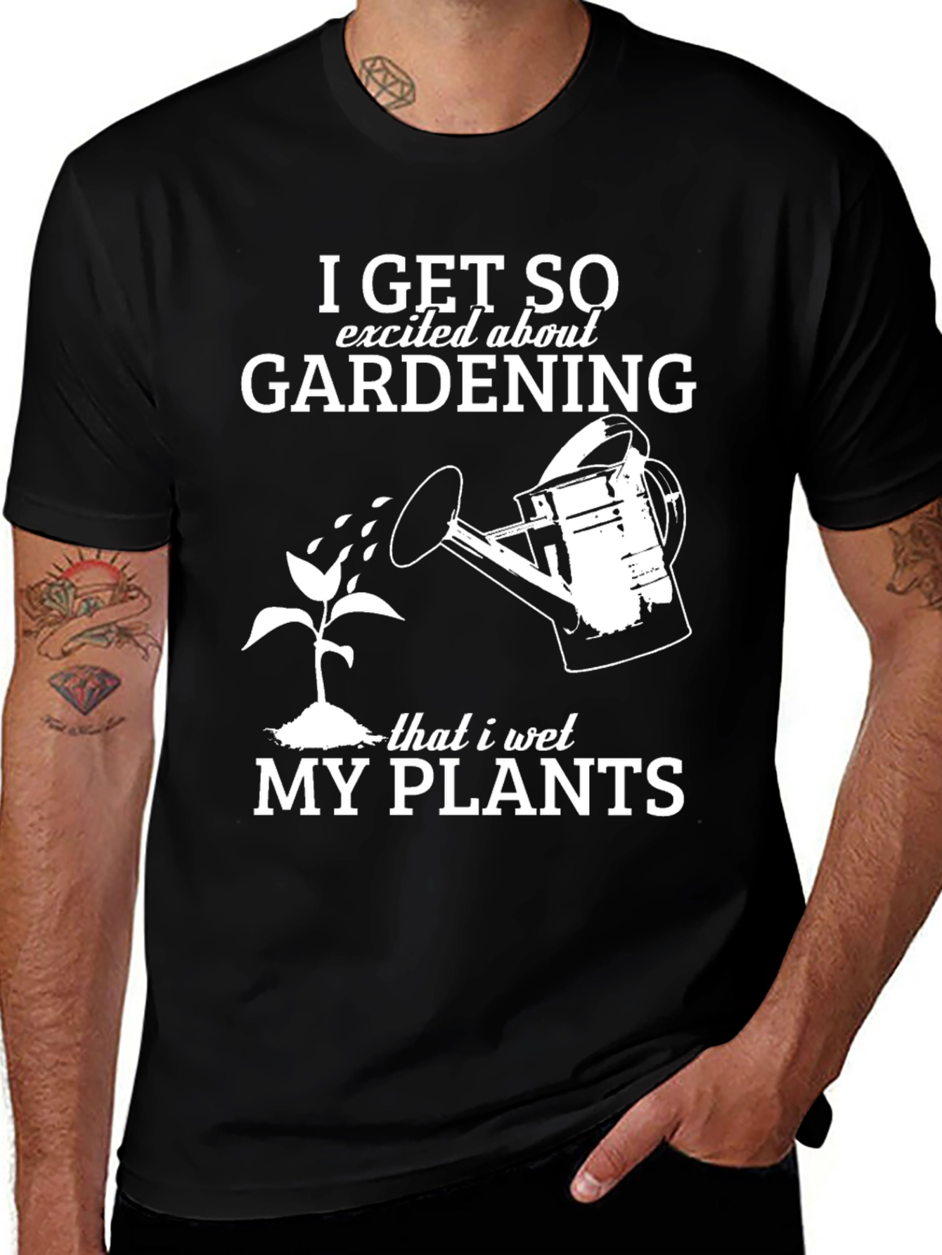 Black Gardening Humor T-Shirt: "I Wet My Plants" main image