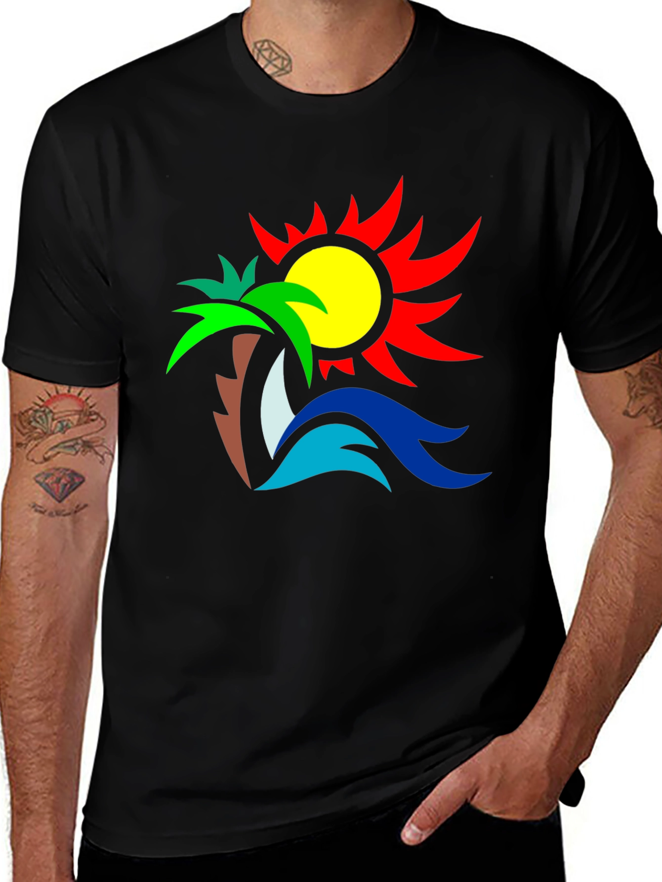 Variant 3 of Tropical Graphic Tee: Palm, Sun & Sea Design