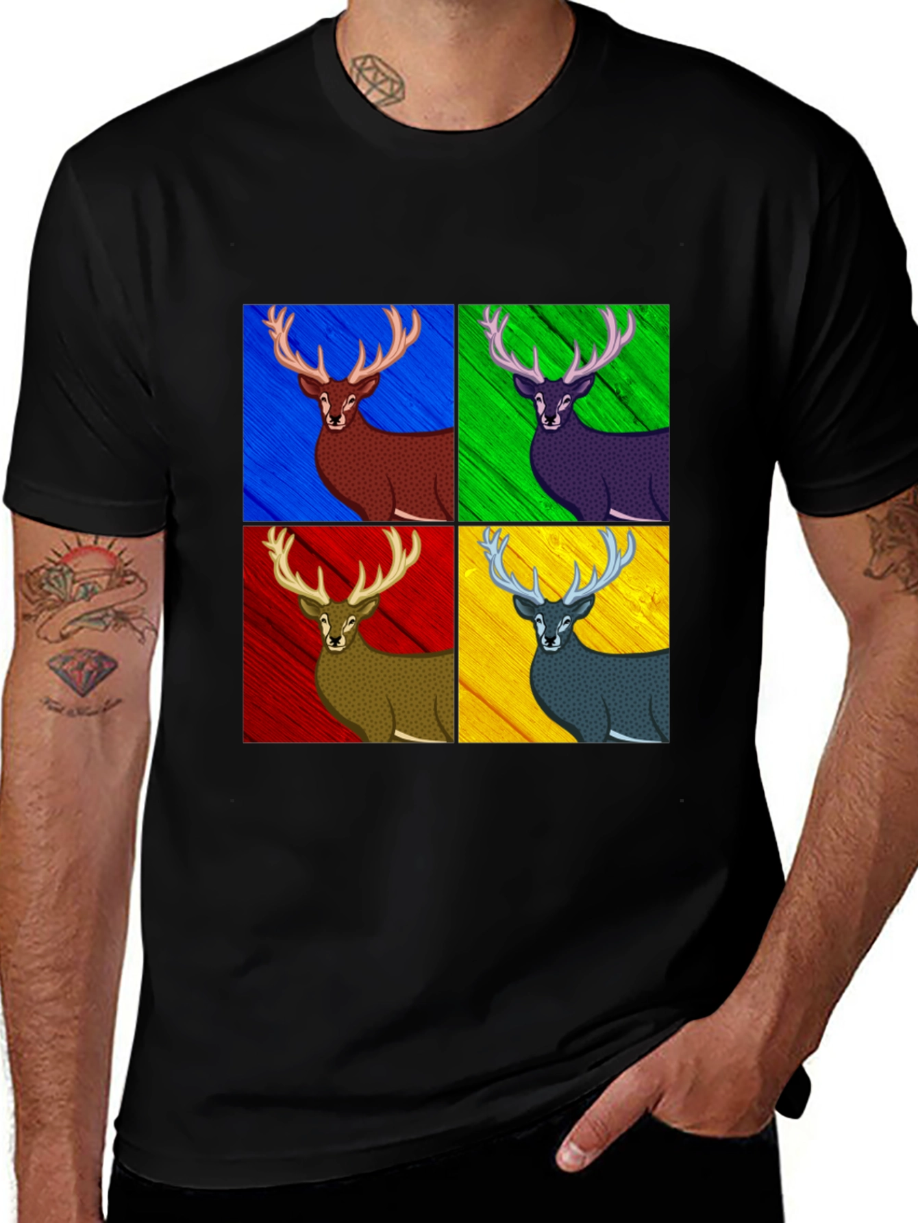 Variant 14 of Pop Art Deer Graphic Tee - Black Cotton Blend