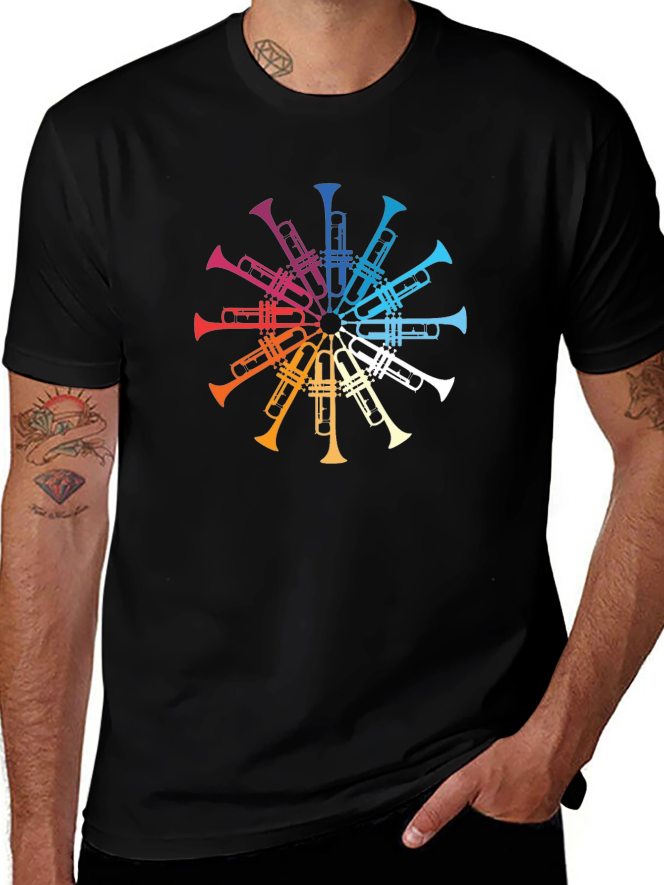 Variant 27 of Rainbow Trumpet Circle Graphic Tee - Black T-Shirt