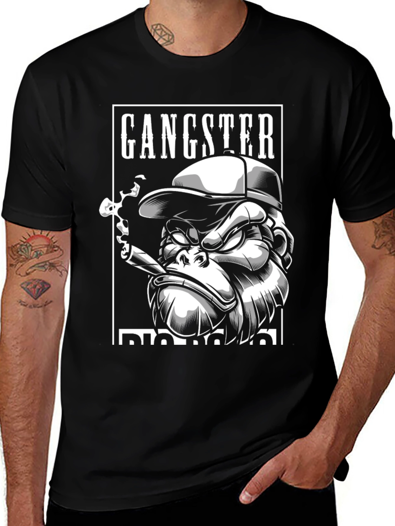 Variant 5 of Gangster Gorilla Graphic Tee - Black Crew Neck T-Shirt