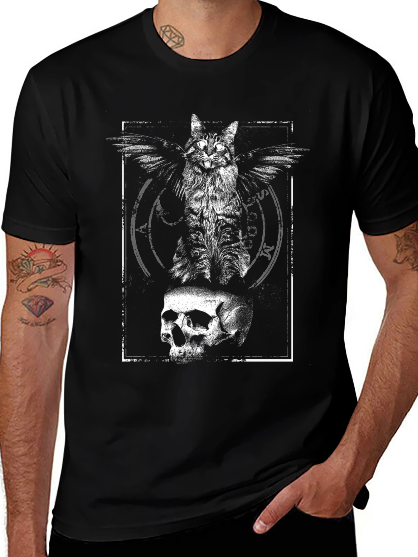 Variant 5 of Winged Cat Skull Graphic Tee - Black Cotton T-Shirt