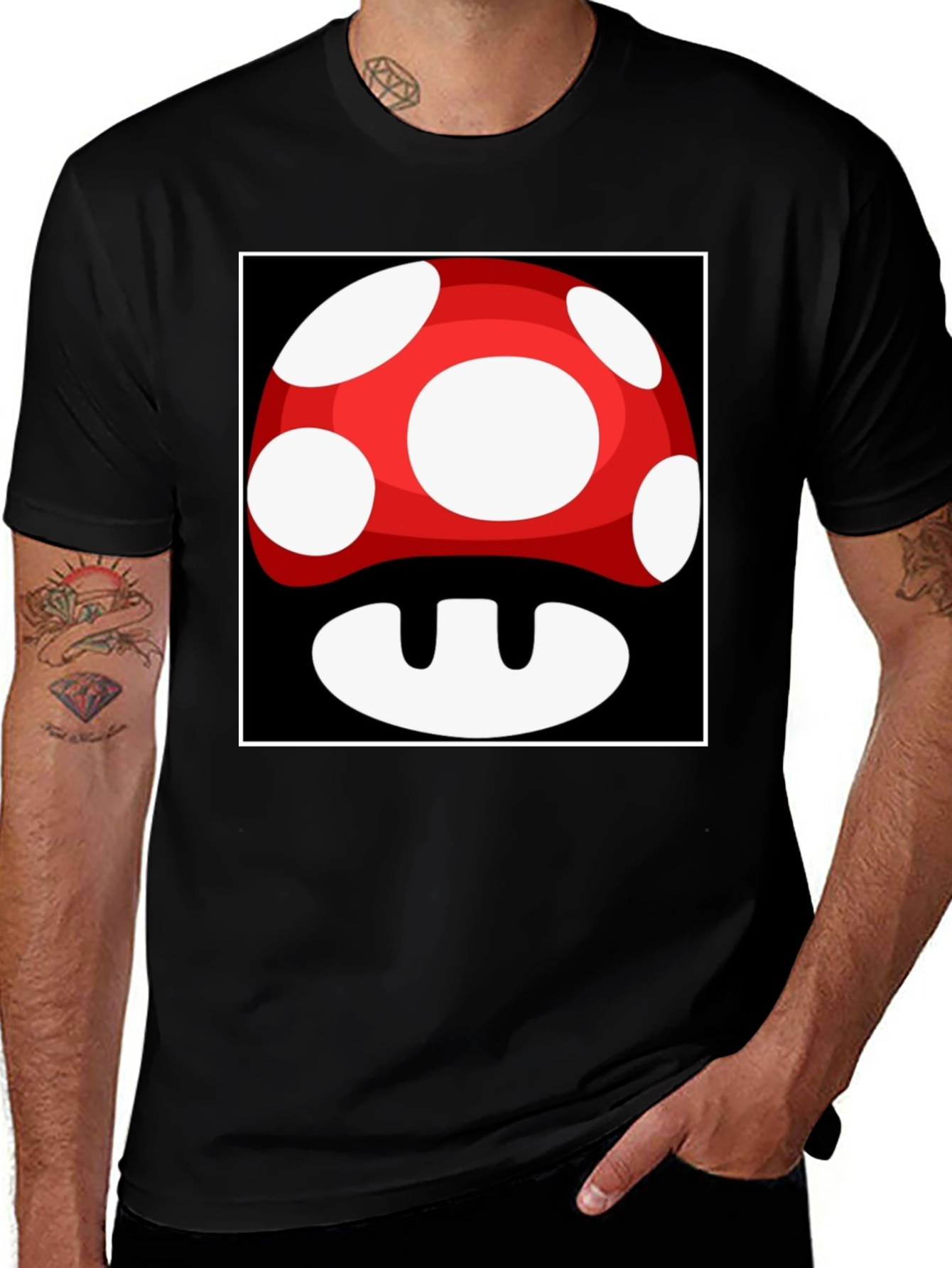 Variant 3 of Retro Game Mushroom Graphic Tee - Black Cotton T-Shirt