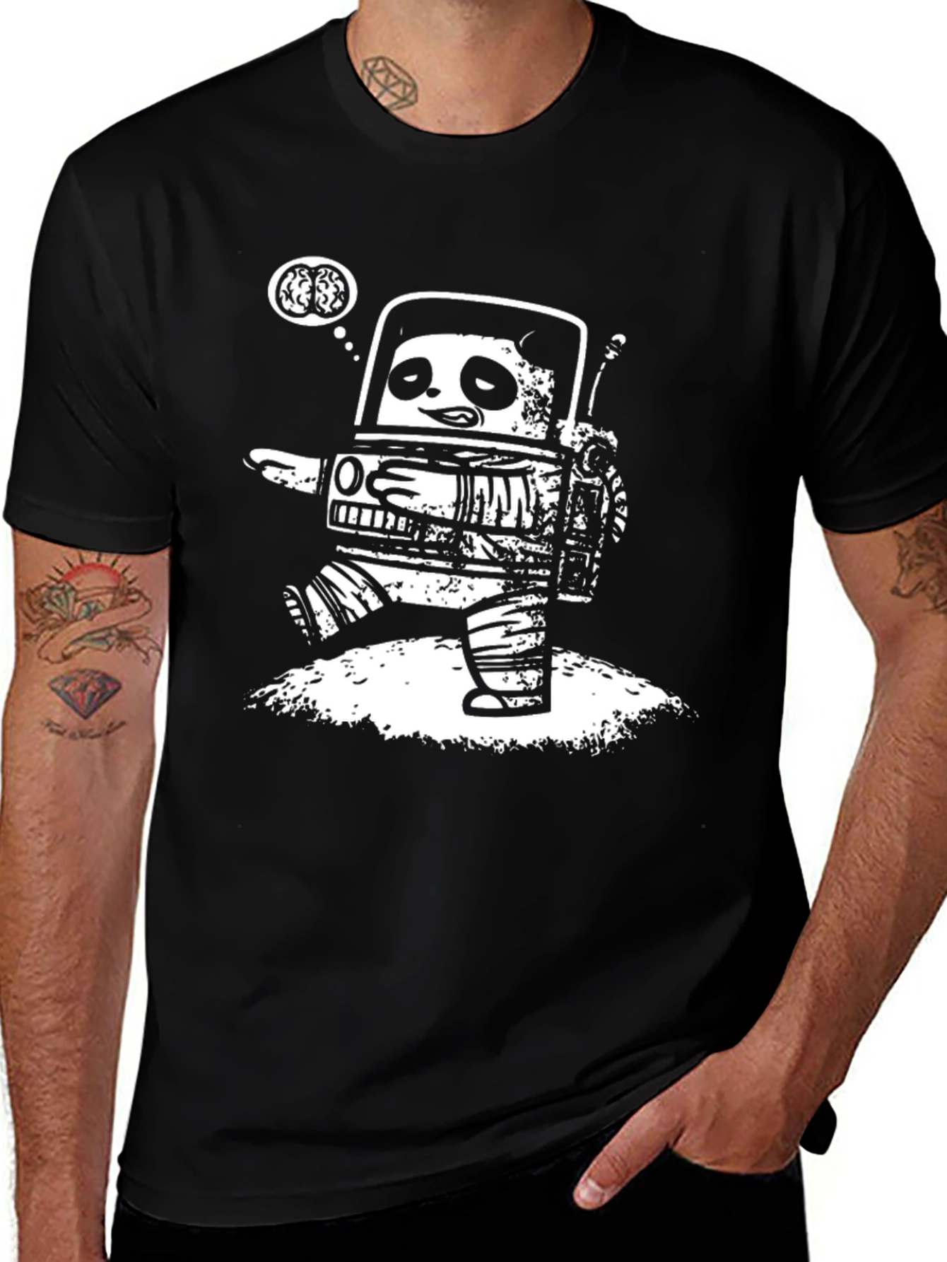 Variant 2 of Robot Panda Brains Black Graphic Tee
