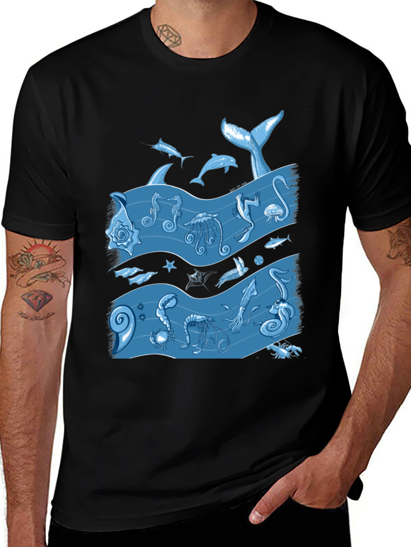 Variant 6 of Ocean Life Graphic Tee - Black Cotton T-Shirt