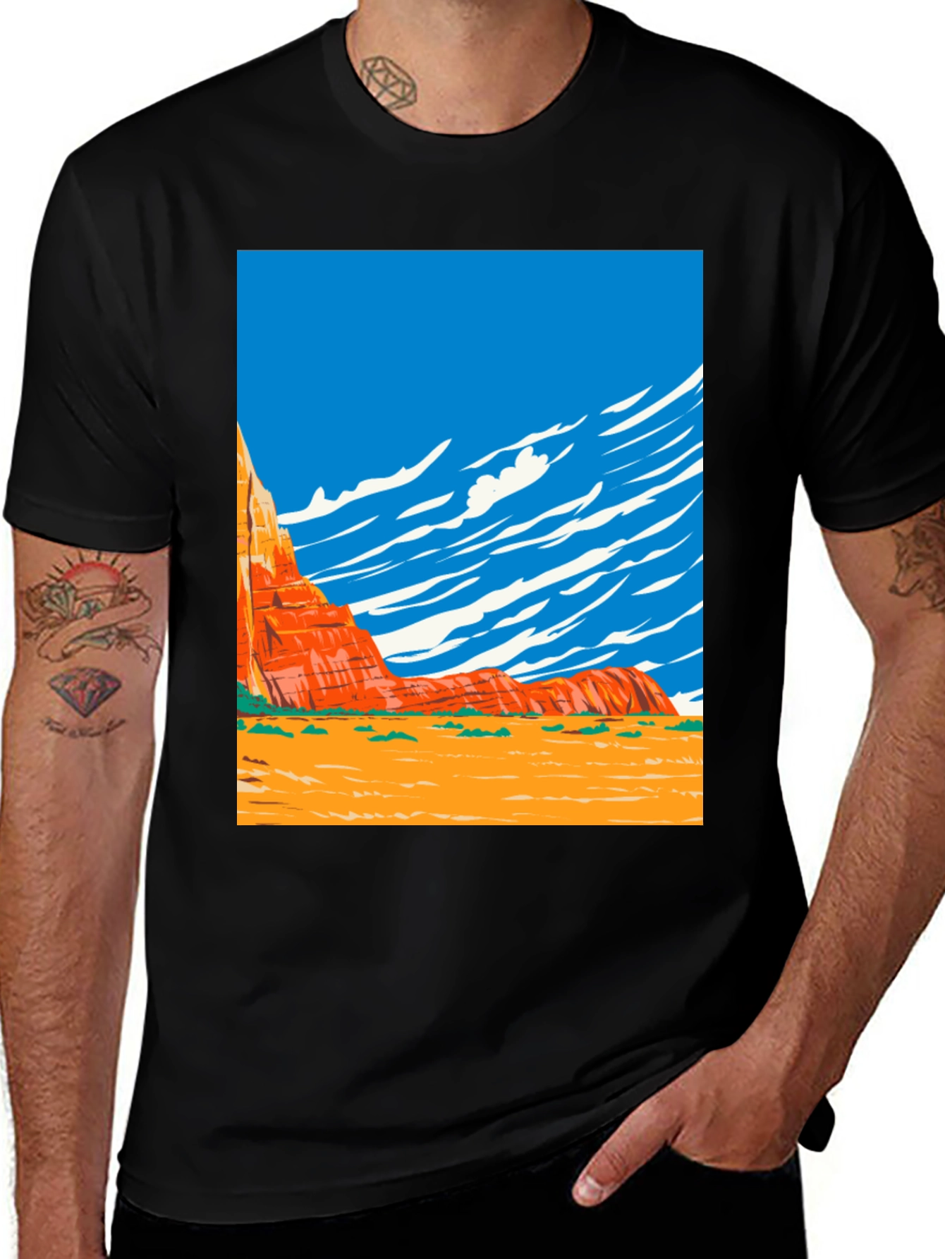 Desert Landscape Graphic Tee - Black Cotton Shirt