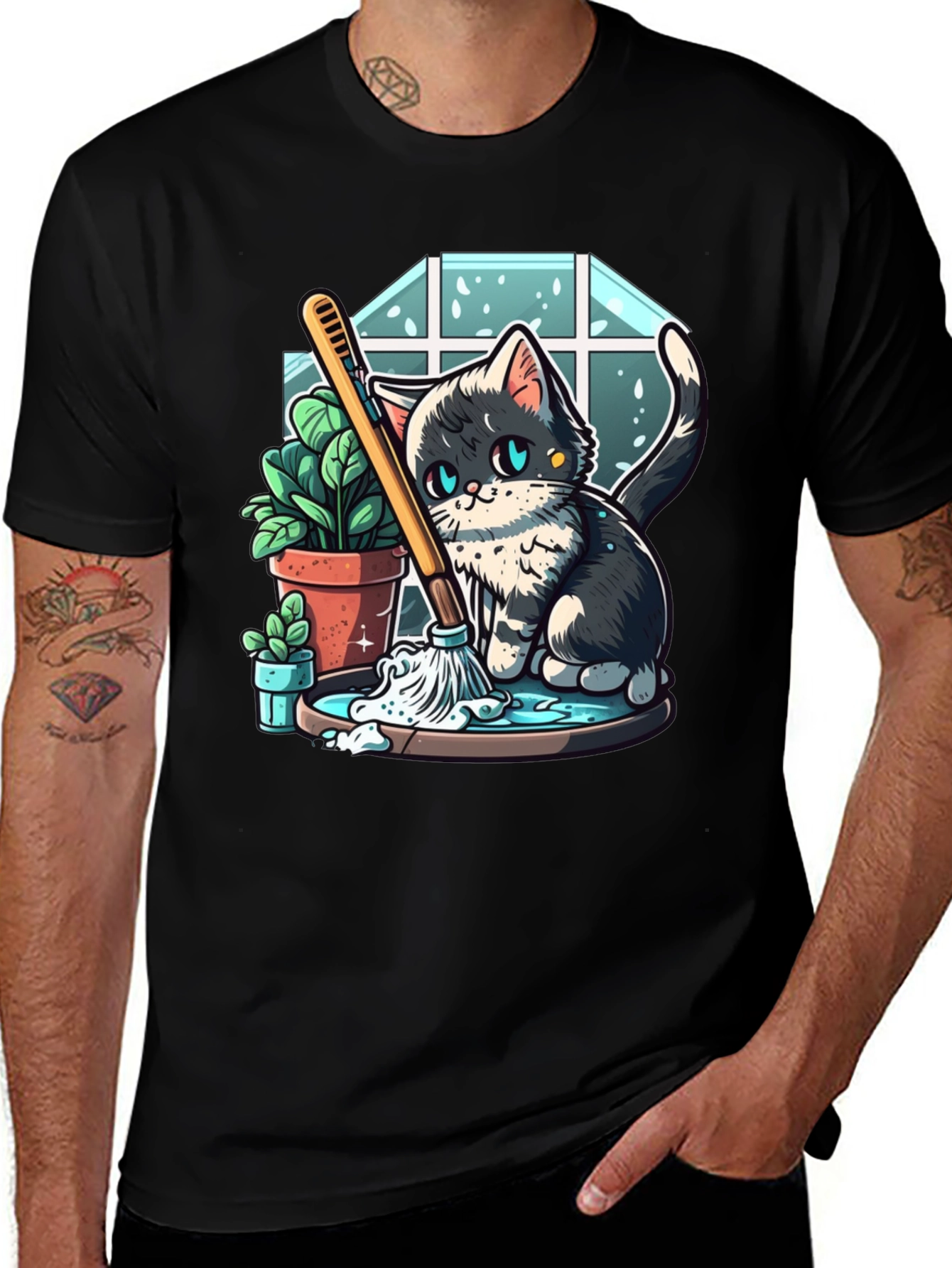 Variant 10 of Cute Cartoon Cat Cleaning T-Shirt