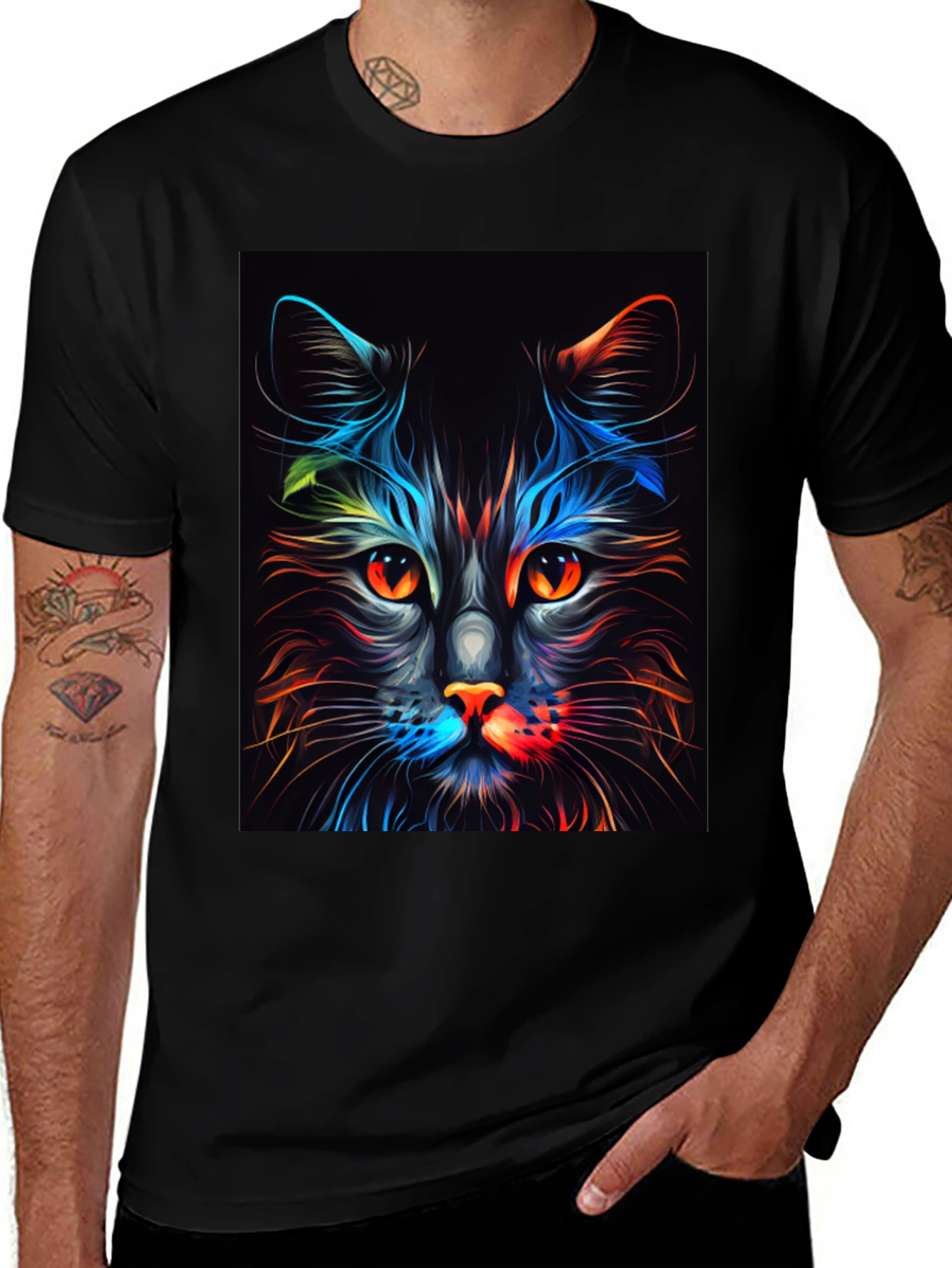 Variant 15 of Colorful Cat Graphic T-Shirt - Unisex Black Tee