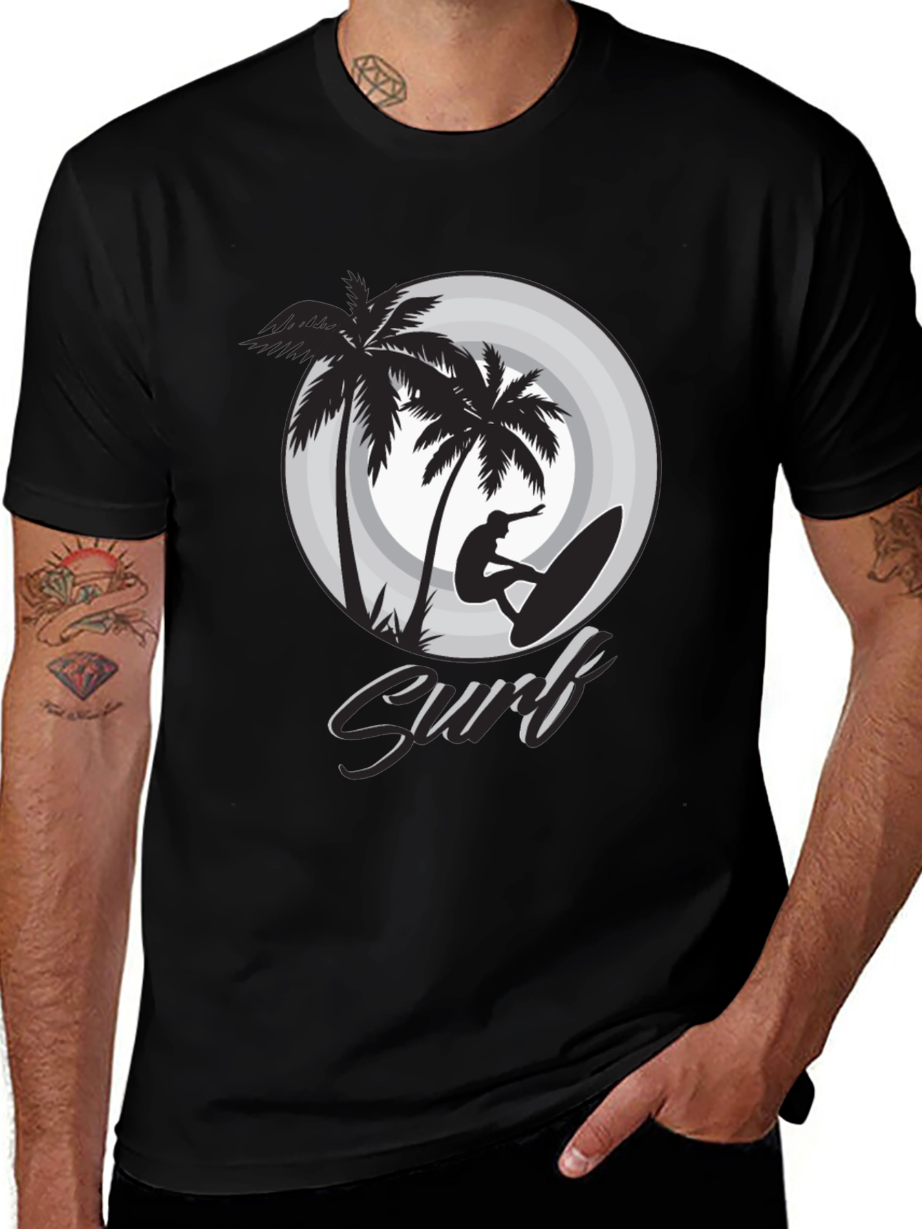 Variant 28 of Surf's Up Black Graphic Tee | Tropical Palm Tree Surfer Design