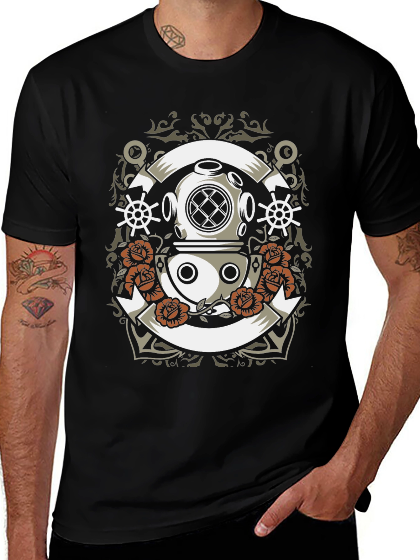 Variant 23 of Diver Helmet & Roses Graphic Tee - Black