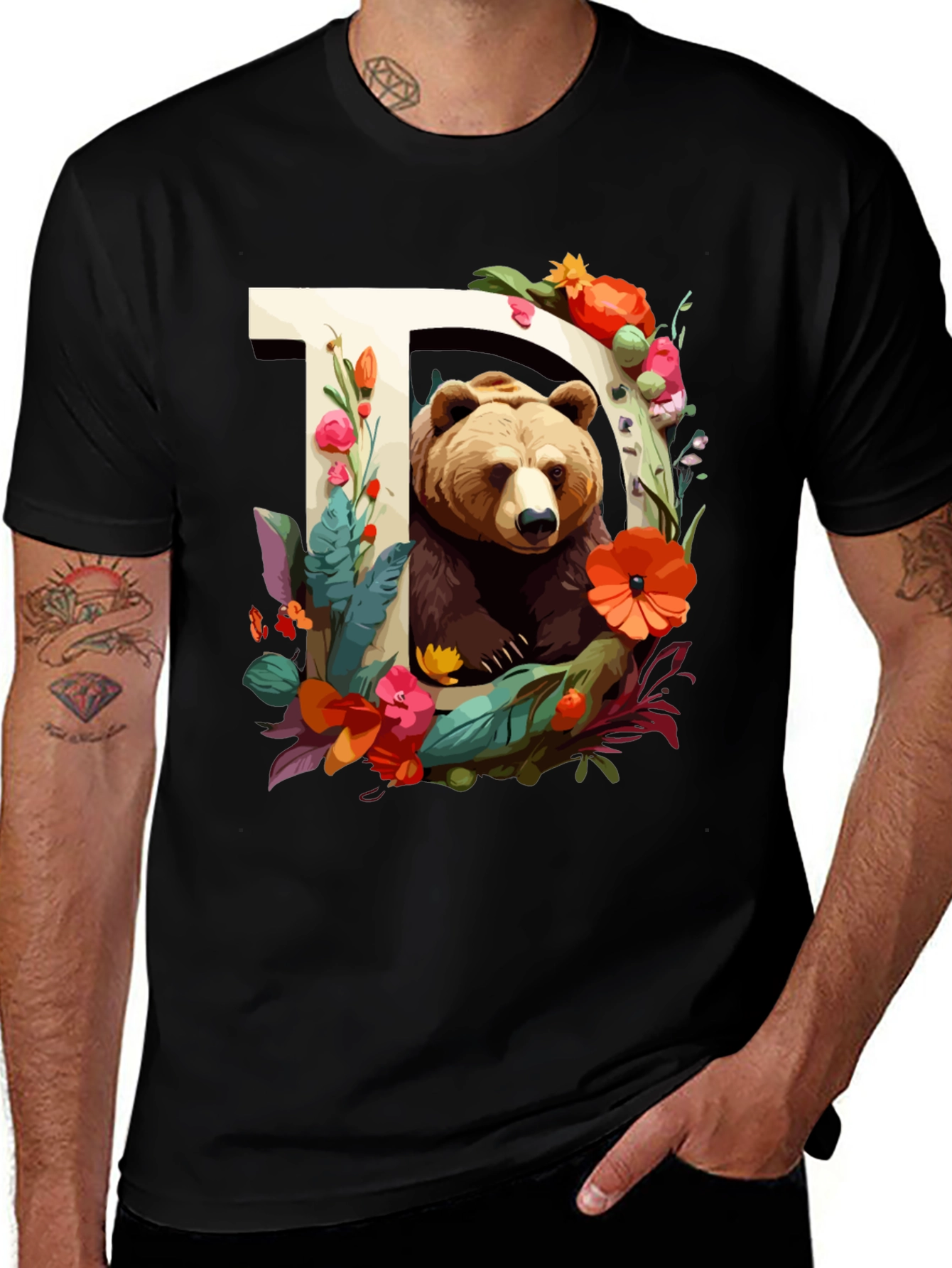 Variant 17 of Bear Floral Letter 'D' Graphic Tee