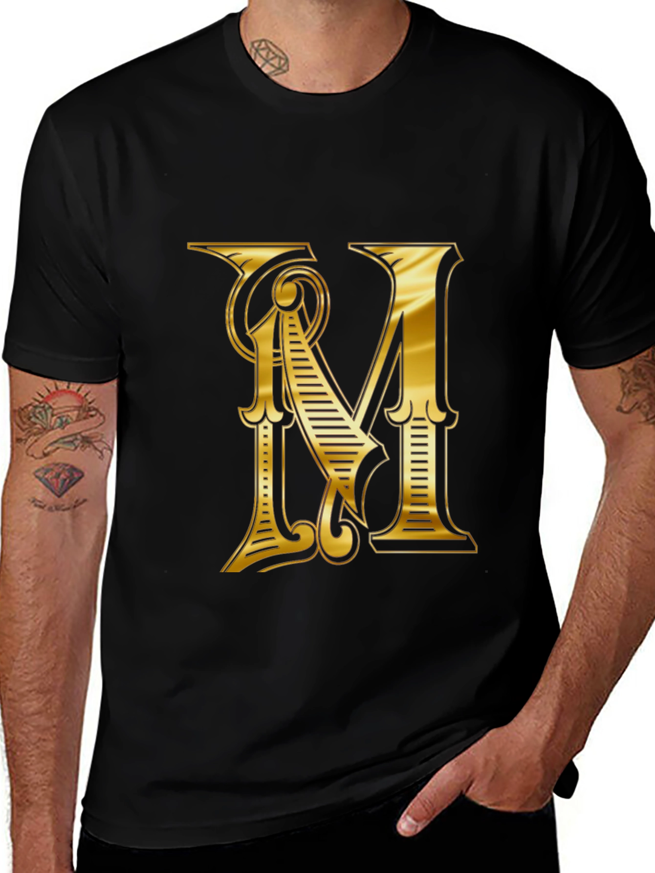 Elegant Gold Letter "M" Black T-Shirt