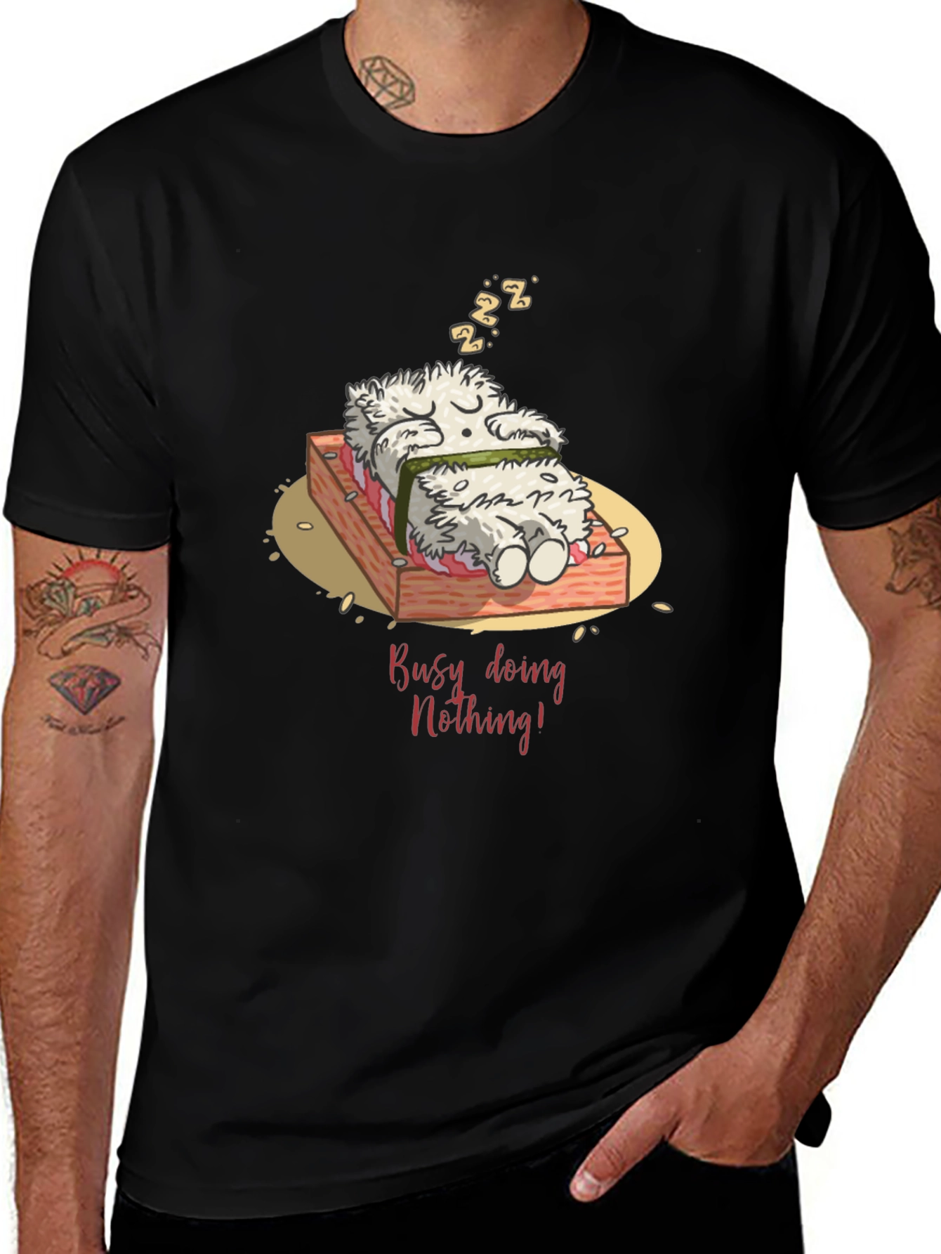 Black Funny "Busy Doing Nothing" Sushi Sleeping T-Shirt main image