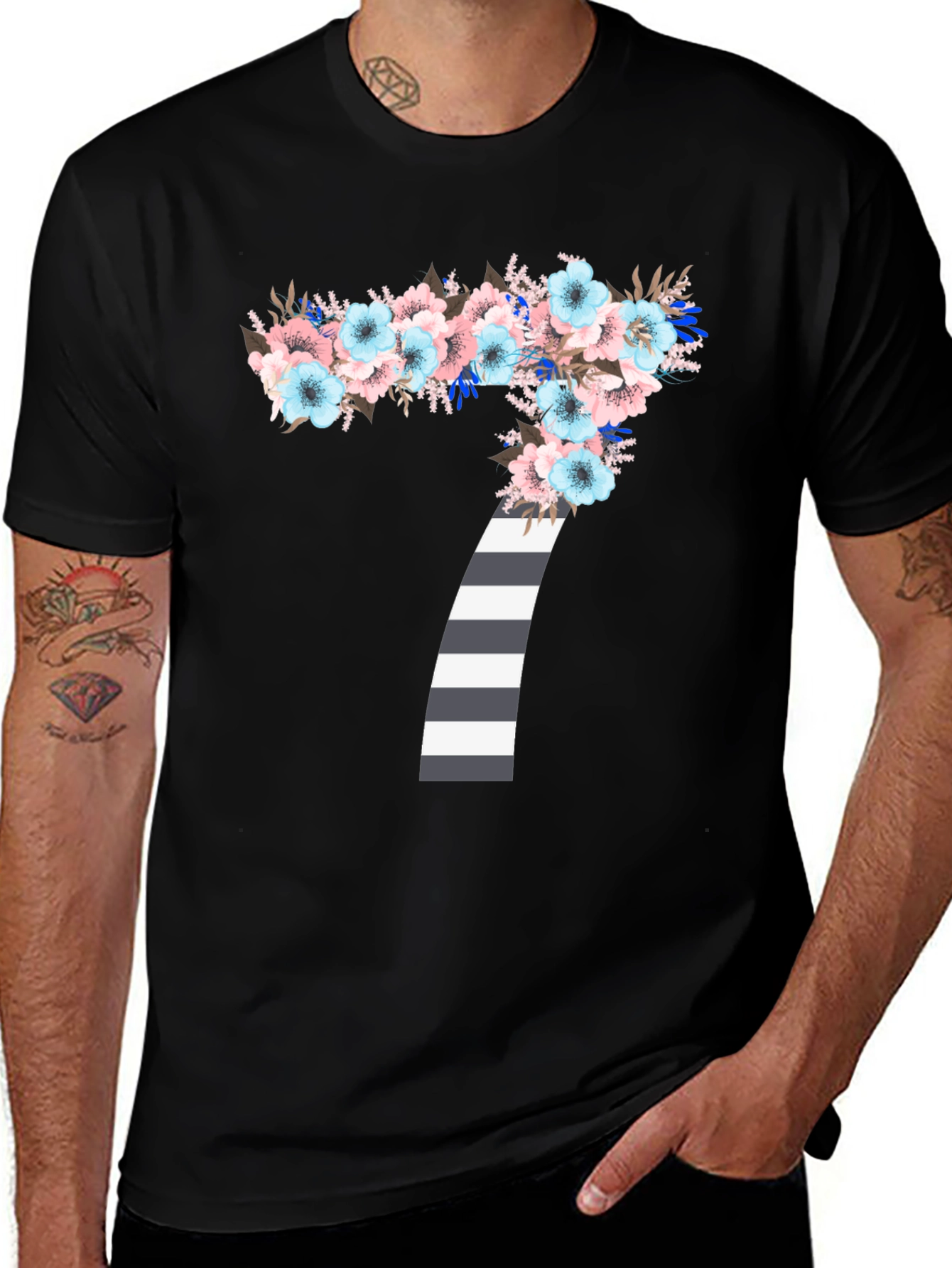 Variant 6 of Floral Number 7 Striped Graphic Tee