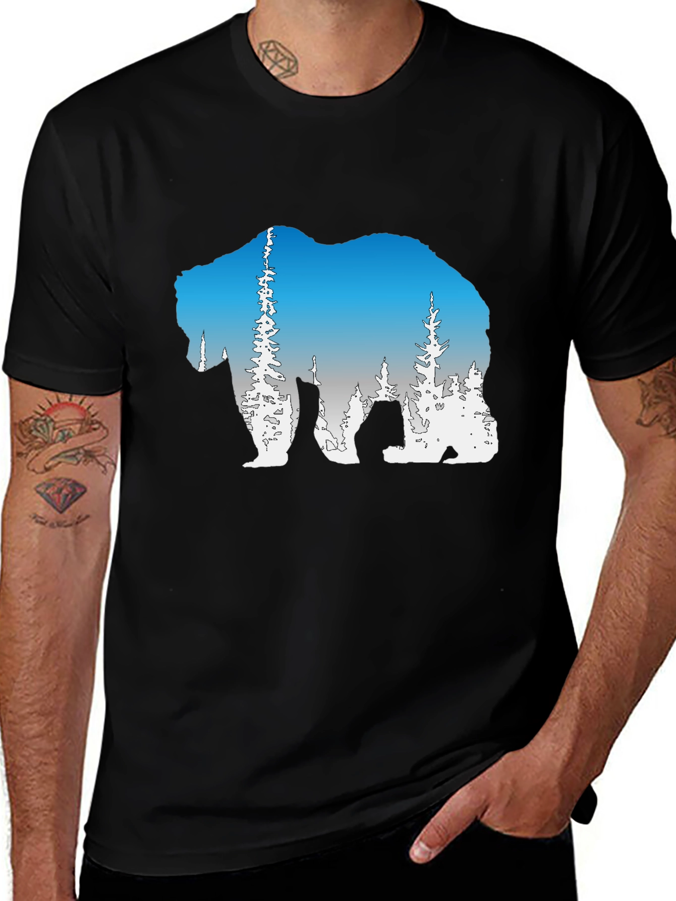 Variant 12 of Bear Silhouette Forest Graphic T-Shirt - Black