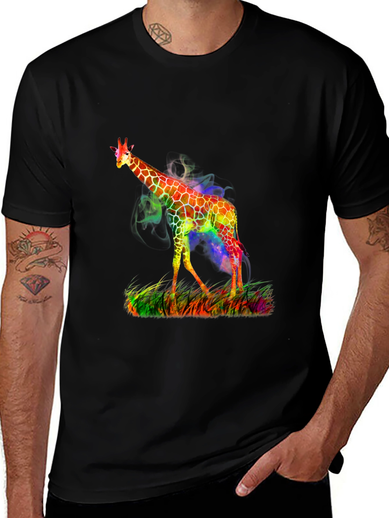 Variant 7 of Colorful Giraffe Print Black T-Shirt