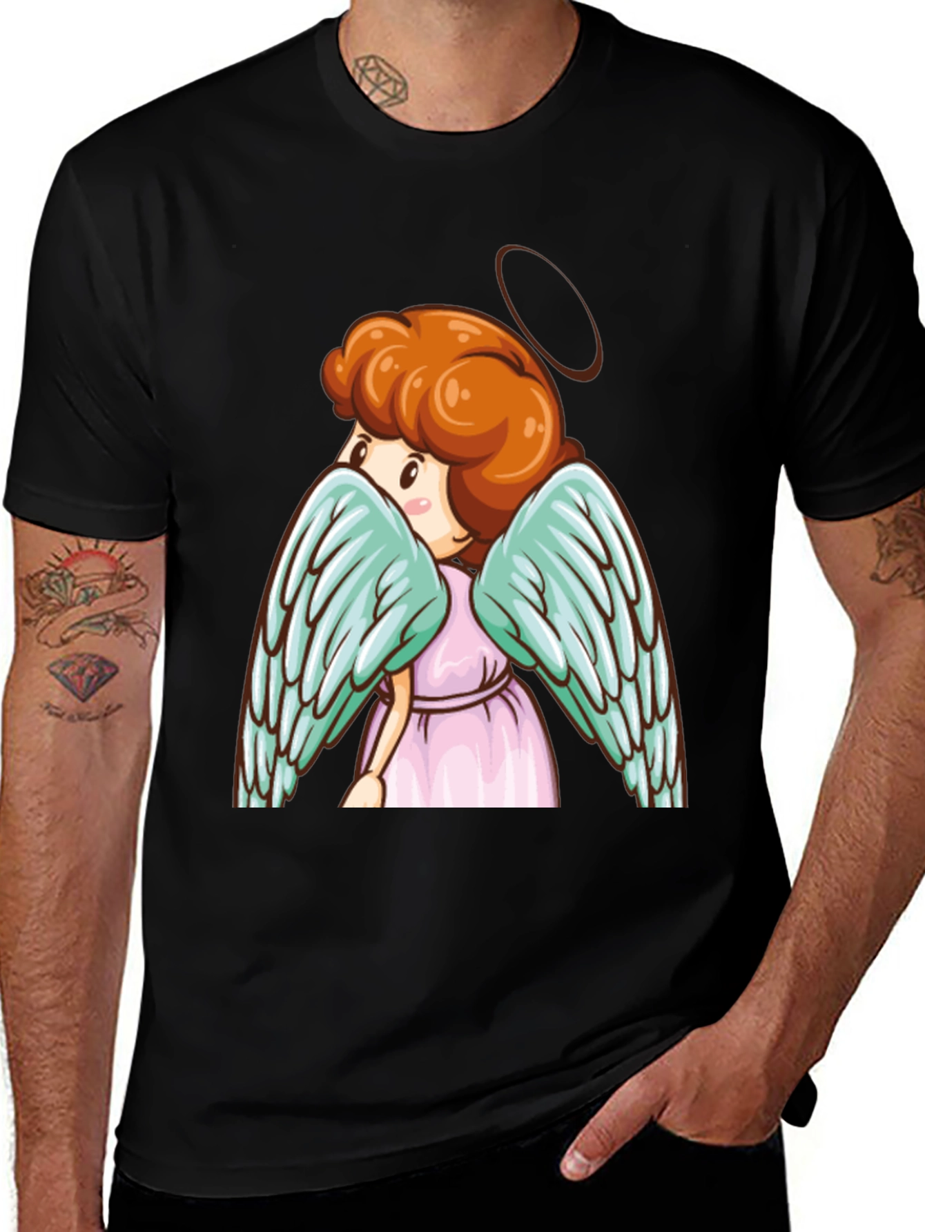 Variant 20 of Angel Graphic Tee - Cute Cartoon Wings Black T-Shirt