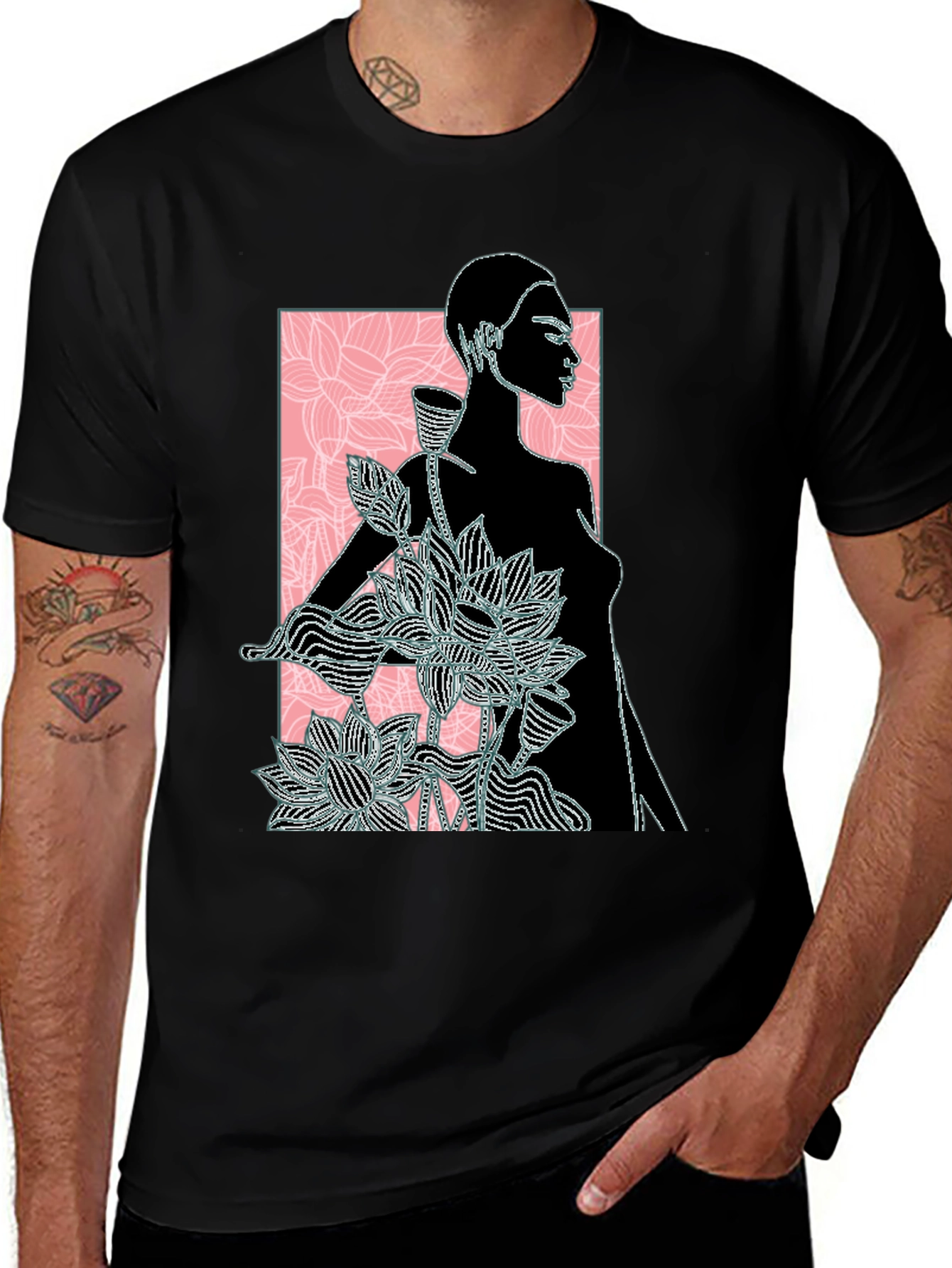 Variant 17 of Stylish Black Graphic Tee - Floral Woman