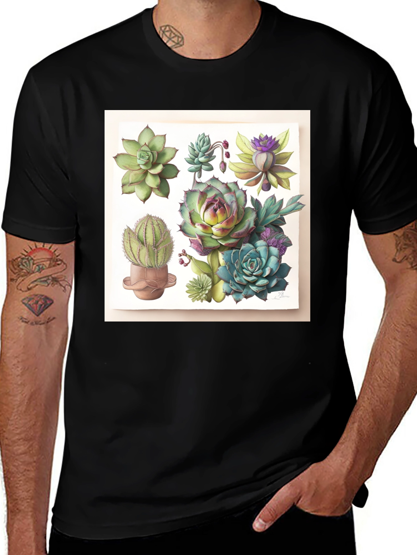 Variant 27 of Botanical Succulent Print Black T-Shirt