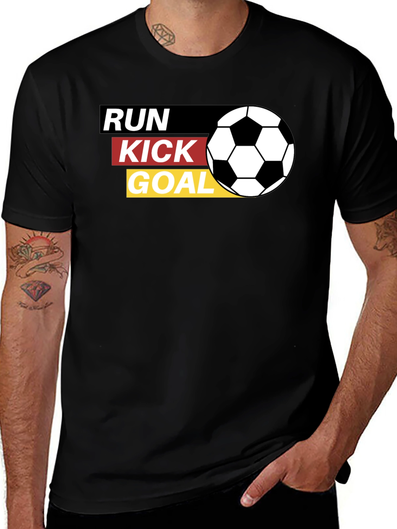 Variant 28 of Run Kick Goal Soccer T-Shirt - Black Graphic Tee