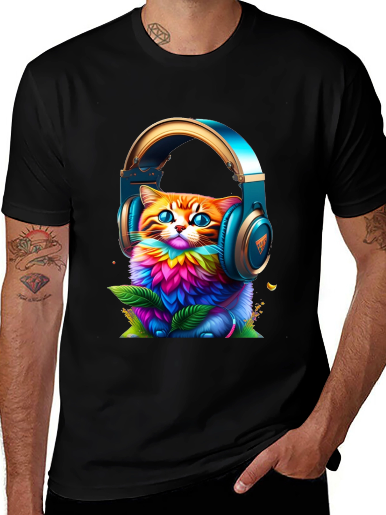Variant 29 of Vibrant Cat in Headphones Graphic Tee