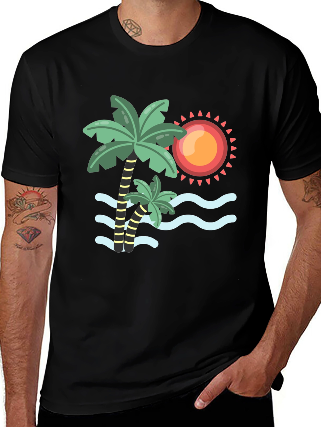 Variant 6 of Tropical Palm Tree & Sun Graphic Tee - Black