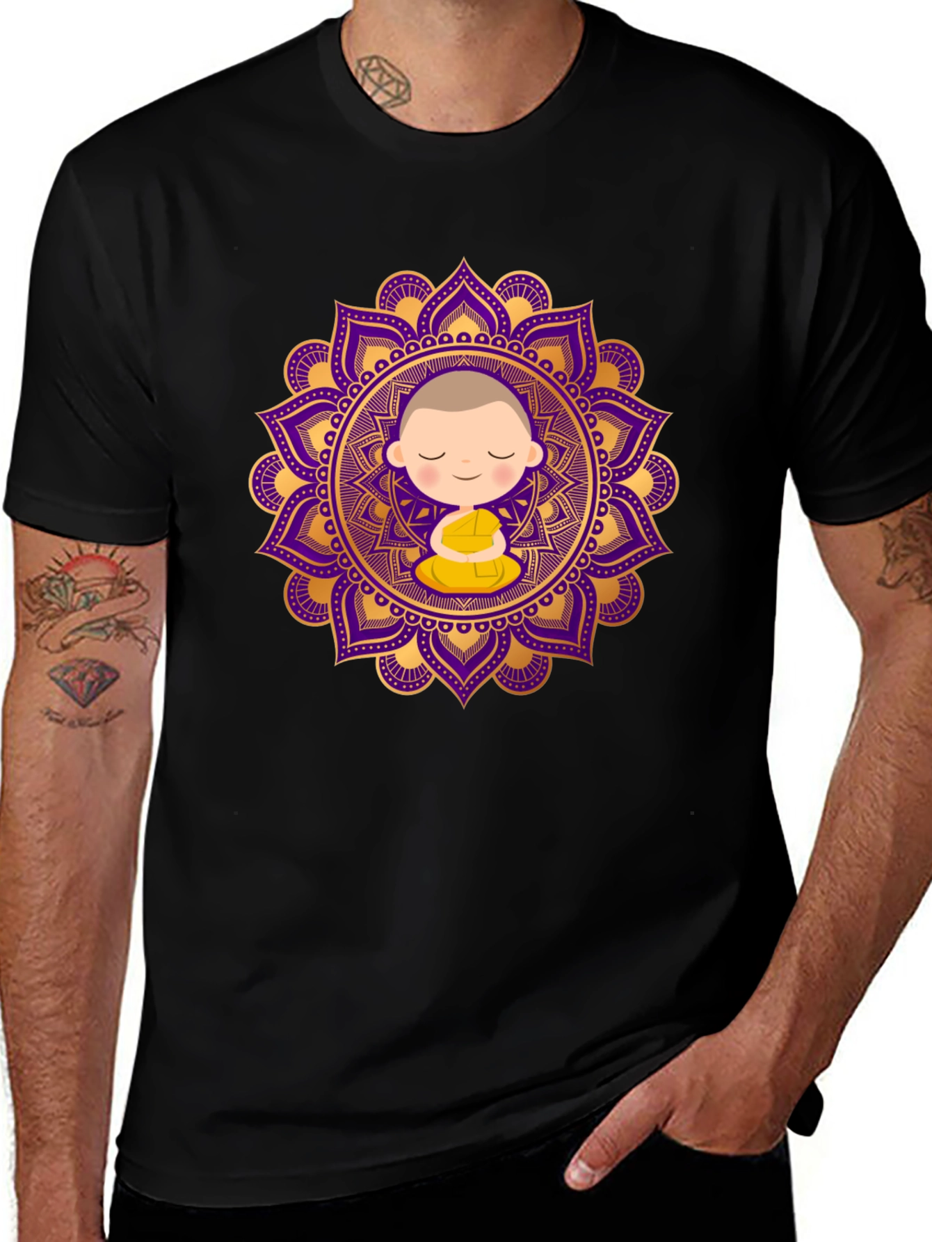 Meditating Monk Mandala Graphic Tee - Black