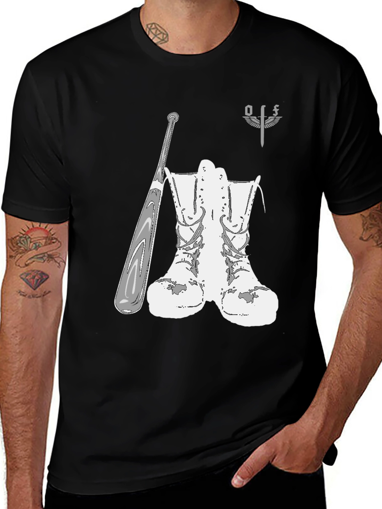 Graphic T-Shirt with Boots and Baseball Bat Design