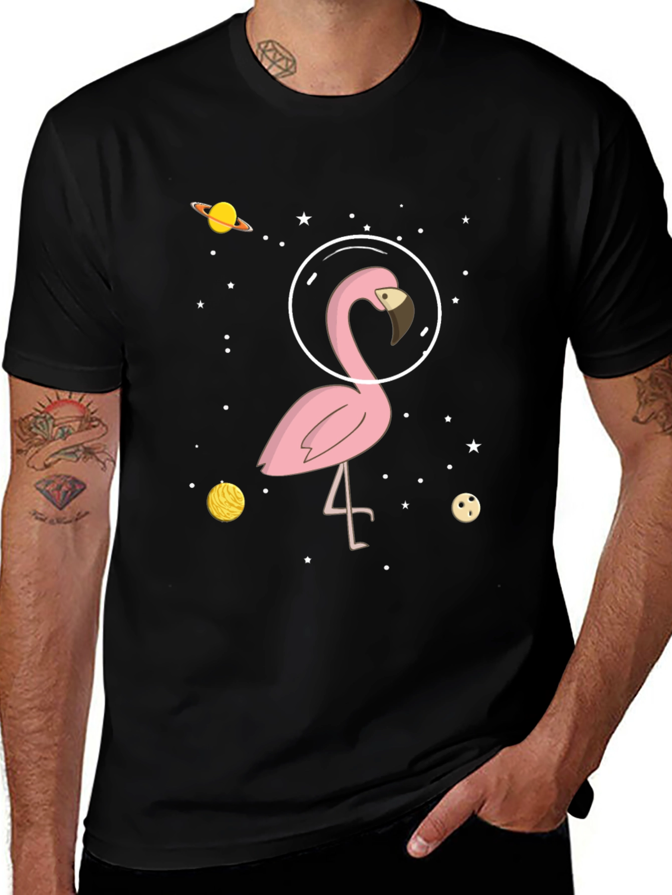 Variant 16 of Space Flamingo T-Shirt - Men's Black Graphic Tee