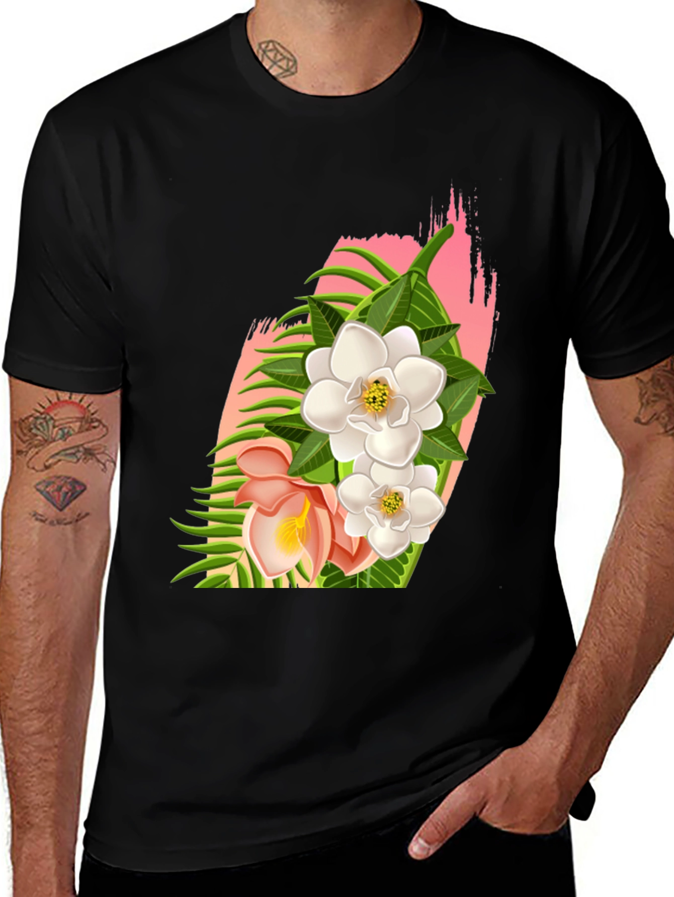 Variant 25 of Floral Print Black T-Shirt | Tropical Design