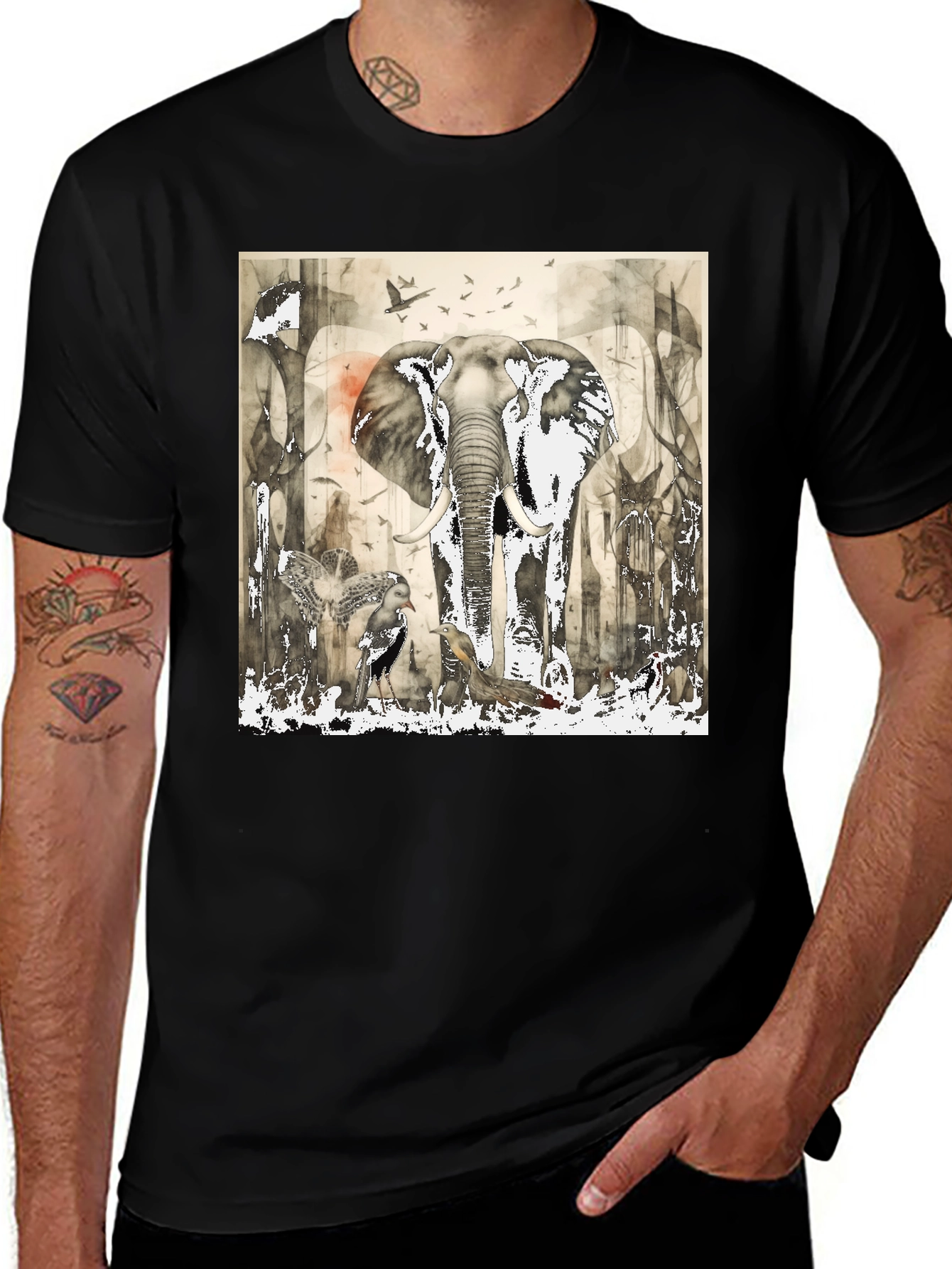 Elephant & Bird Art Graphic Print T-Shirt