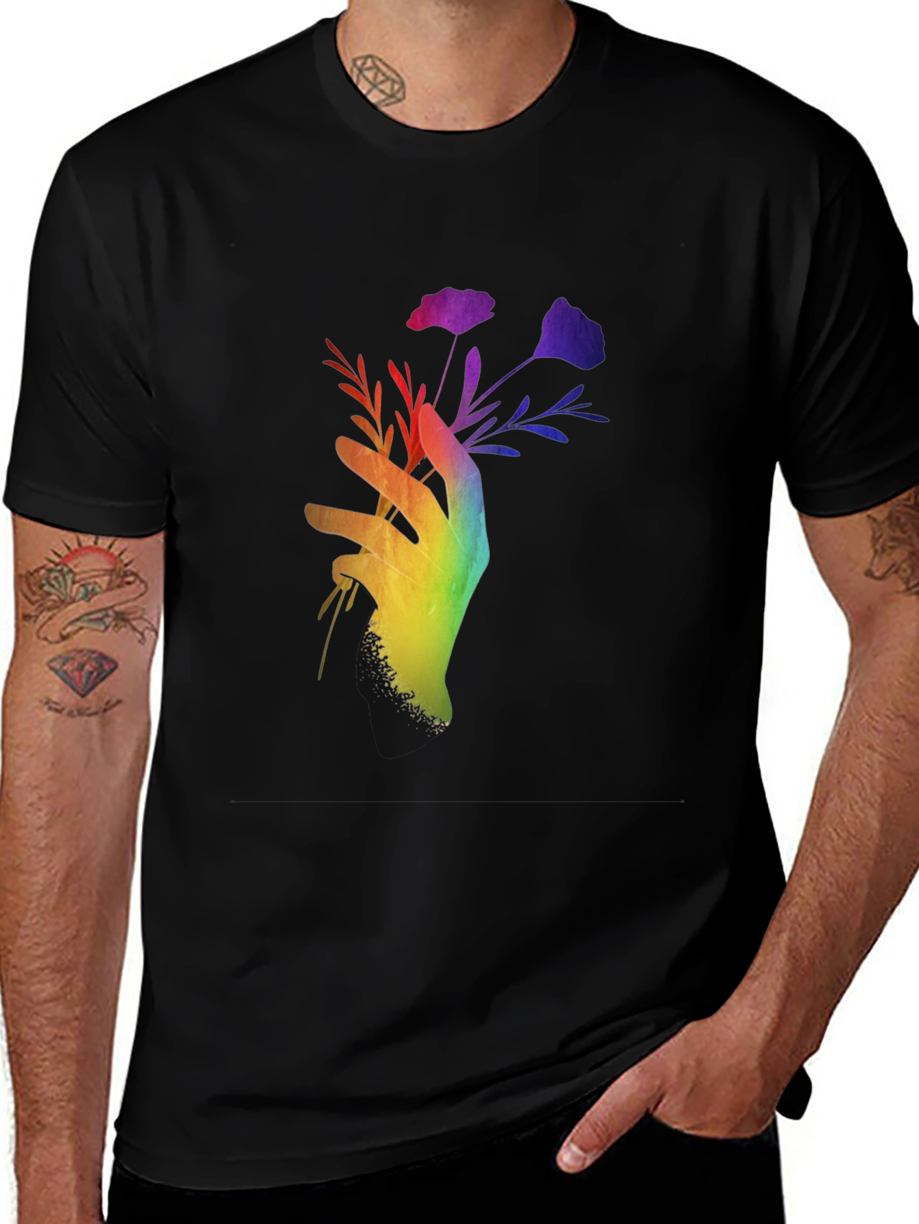 Variant 2 of Rainbow Hand Holding Flowers Black T-Shirt