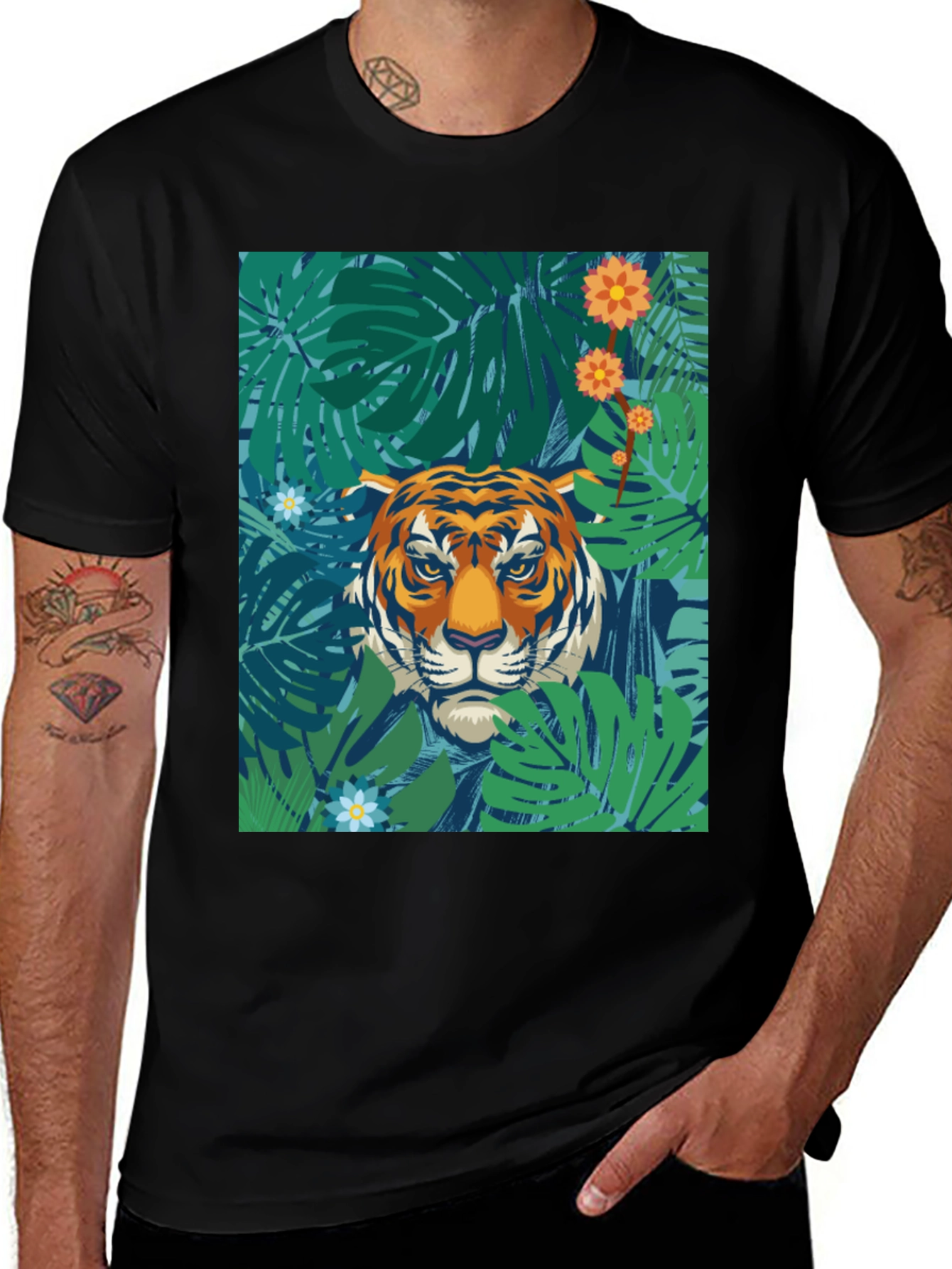 Variant 24 of Jungle Tiger Graphic Tee - Black Cotton T-Shirt